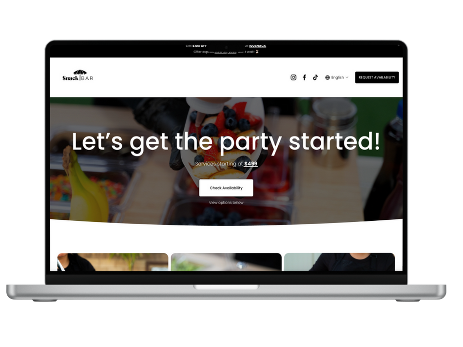 Laptop displaying a website for Snack Bar with a background image of a person preparing party appetizers and a large text 'Let's get the party started!'