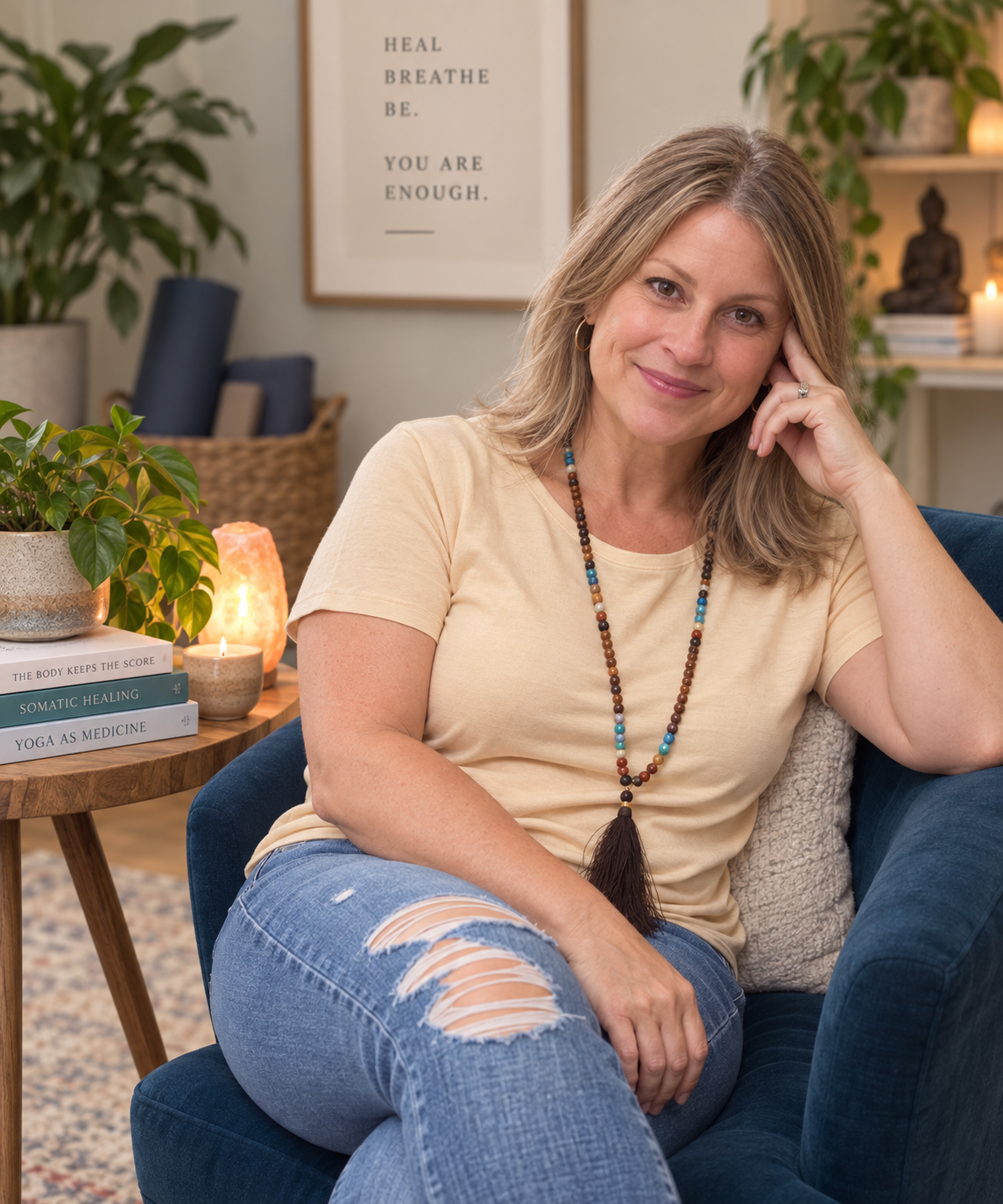A woman with shoulder-length blond hair, wearing a beige T-shirt and ripped jeans, sits on a blue armchair, smiling softly, with her right hand resting on her cheek in a cozy living room with plants, books, candles, and a framed quote about healing and self-worth in the background.