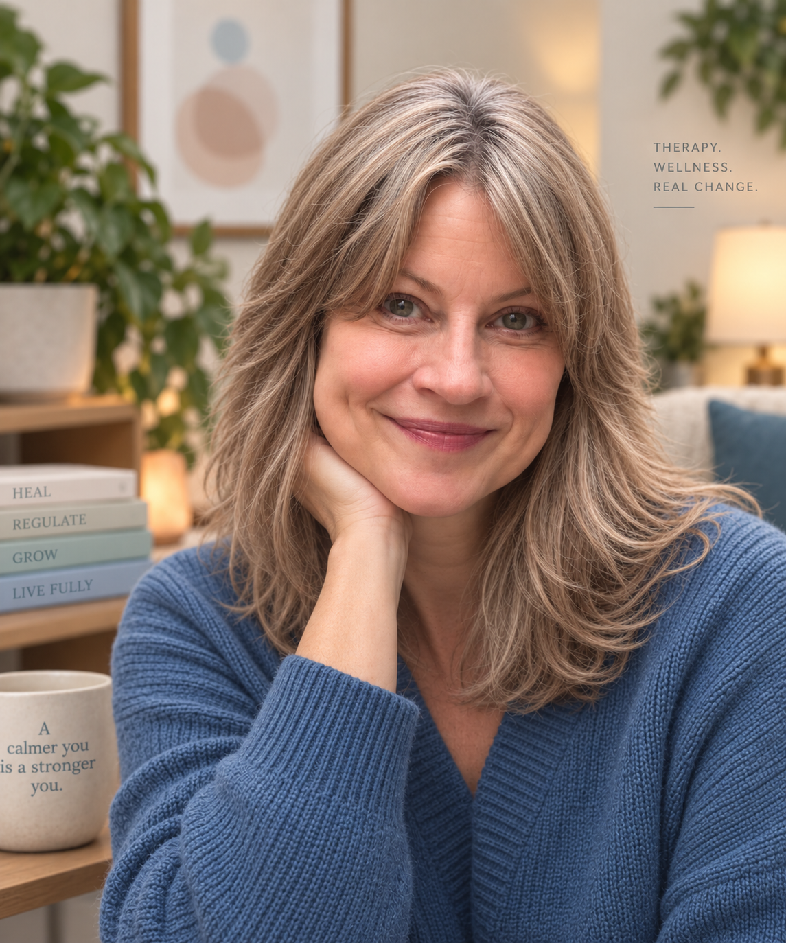 A woman with blonde hair smiling, resting her face on her hand, seated indoors with a bookshelf and potted plants in the background.