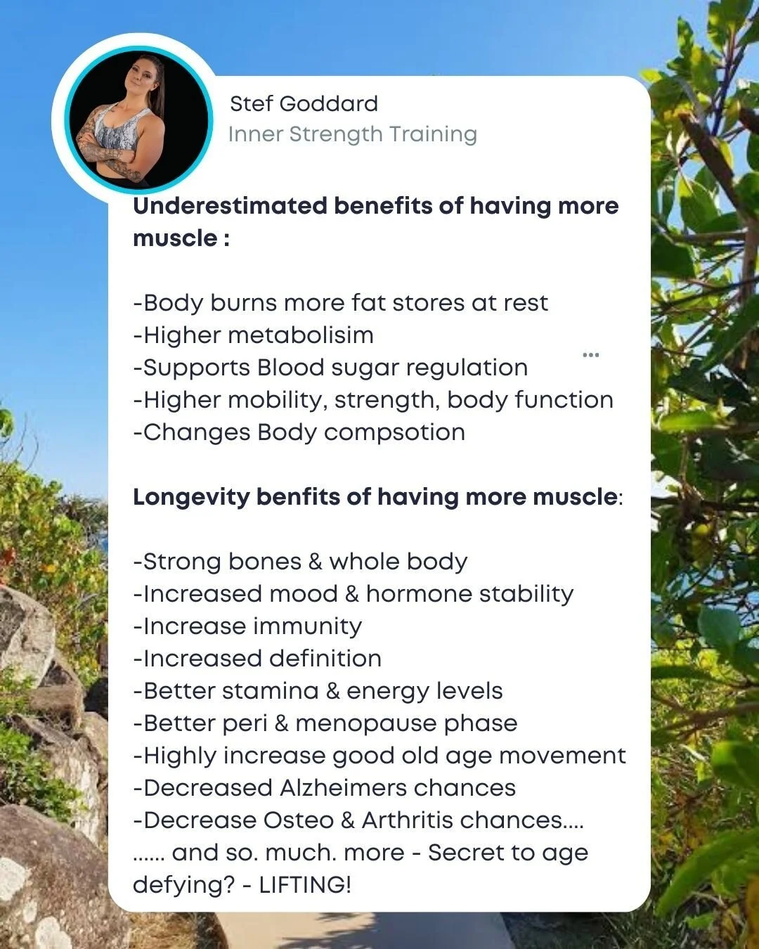 👇 Read it, and read it again and again and again!

There is SO many benefits to having and building more muscle into your body. 

You want to burn more fat ? Build more muscle
You want better hormones ? Build more muscle
You want more definition ? B