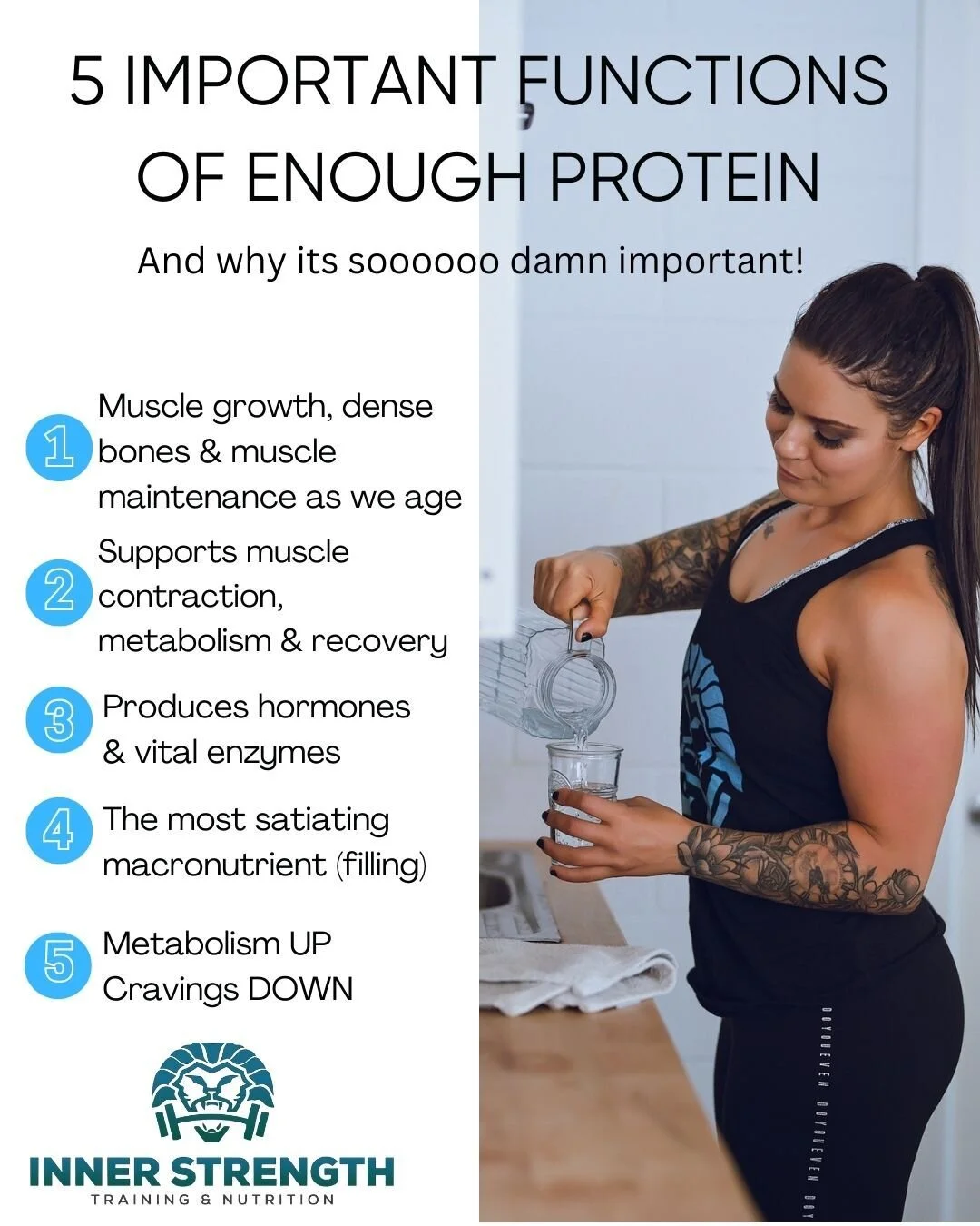 ✅️ The more muscle you have, the better your body is at everything!

Once the basics are managed, everything else falls into place.

1. Protein- are you getting enough for YOUR body? YOUR training/sport? YOUR goals? YOUR age?

2. Are you strength tra