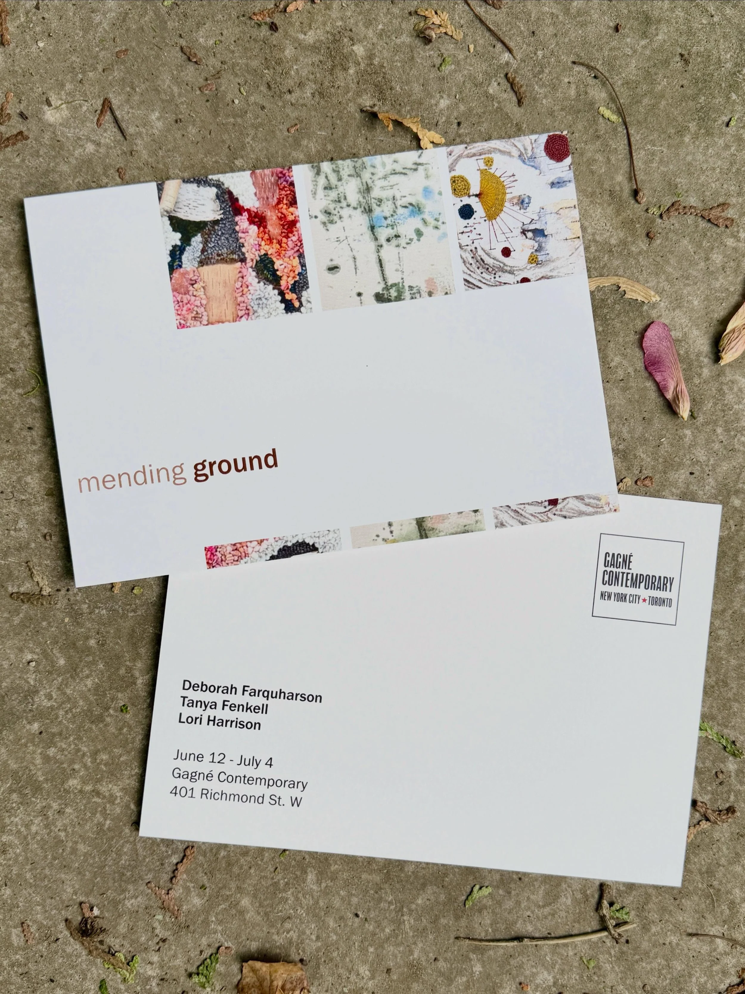 MENDING GROUND
Opening one week from today! 

Deborah Farquharson
Tanya Fenkell
Lori Harrison

Opening Reception 6-8pm June 12
June 12-July 4
Gagn&eacute; Contemporary
401 Richmond St W

@debfarqart 
@loriharrisonart 
@gagnecontemporary
