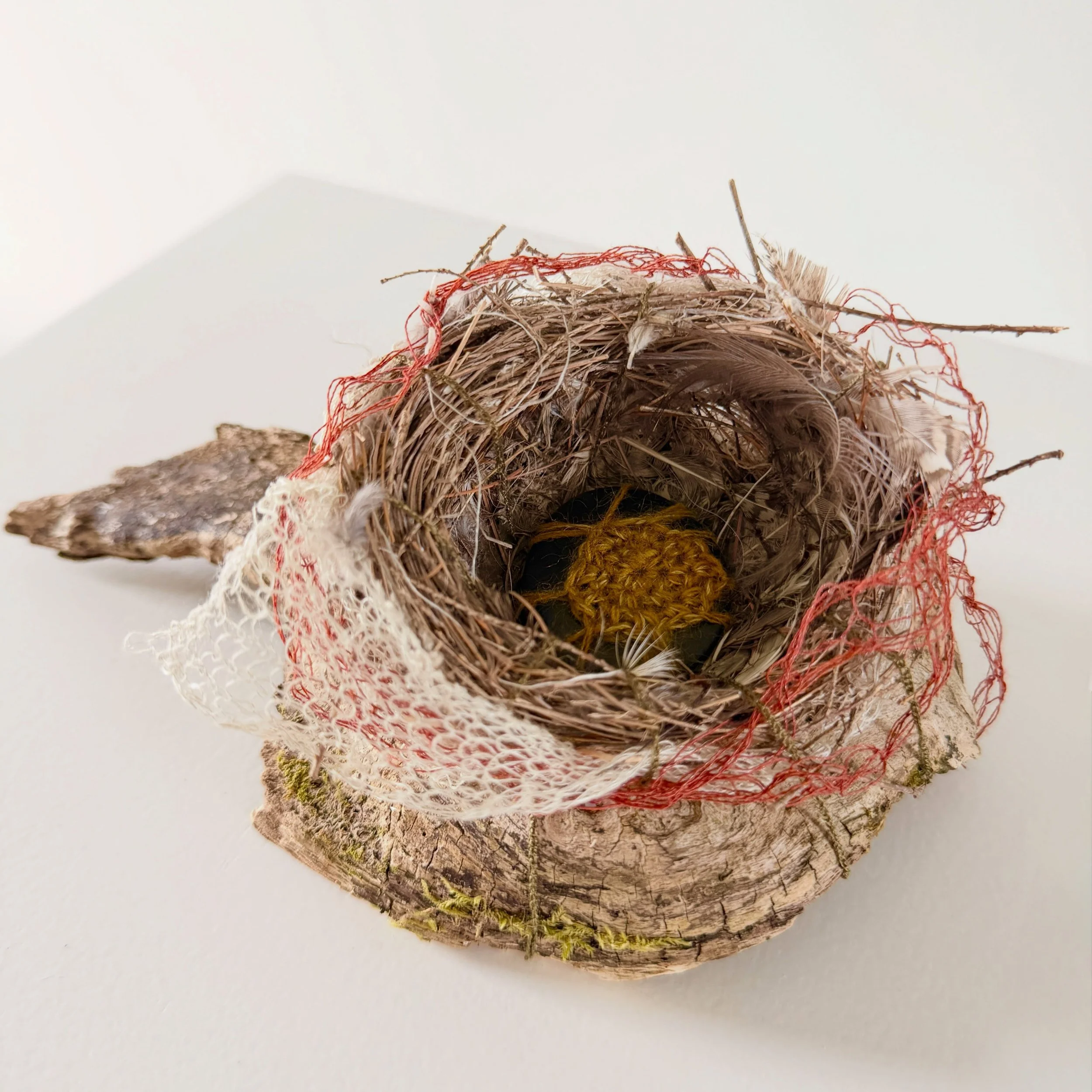LYING FALLOW

This small piece, &lsquo;Lying Fallow,&rsquo; is about rest, a safe haven for the little burden (stitched stone) within it. An abandoned bird&rsquo;s nest is interwoven with strands of knitting and anchored to its tree knot home with st