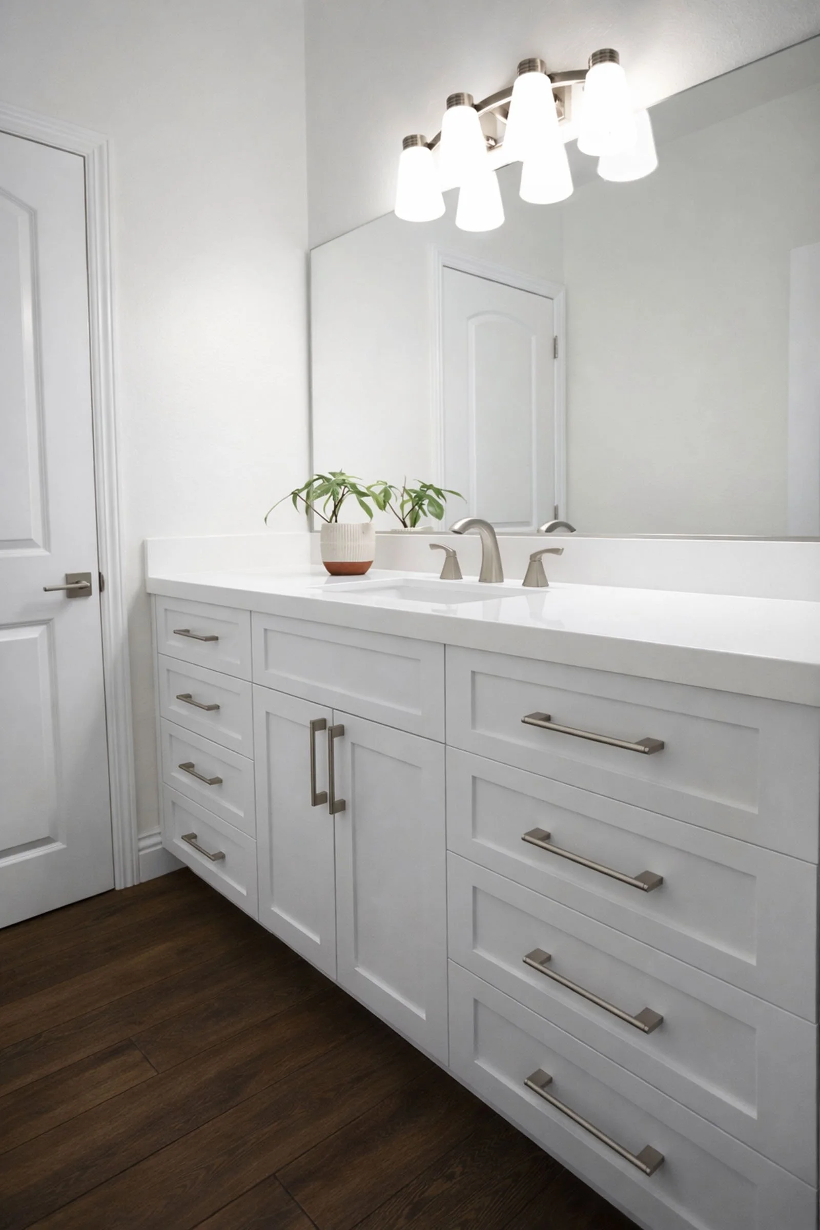 Custom bathroom cabinets with shaker drawer vanity and quartz countertops in Tehachapi, California