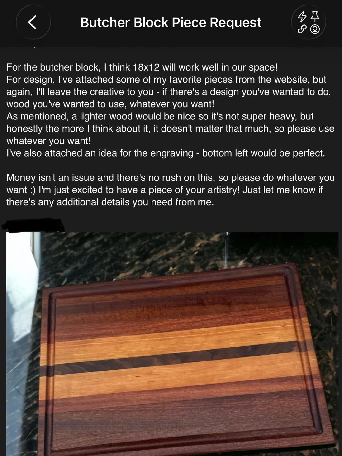 Didn&rsquo;t think I&rsquo;d ever get a message like this.

Full creative freedom. No rush. Just &ldquo;make something you&rsquo;re proud of.&rdquo;
That kind of trust means a lot.

I&rsquo;m super stoked for this one. This butcher block is gonna be 