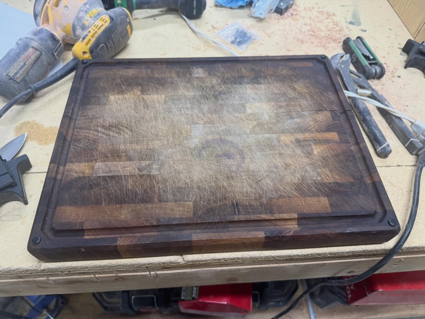 A little cutting board surgery today.

This is a customer board.  I offer refinishing even if you&rsquo;re not local. Ship it to me, I&rsquo;ll refinish it, and send it back better than new.