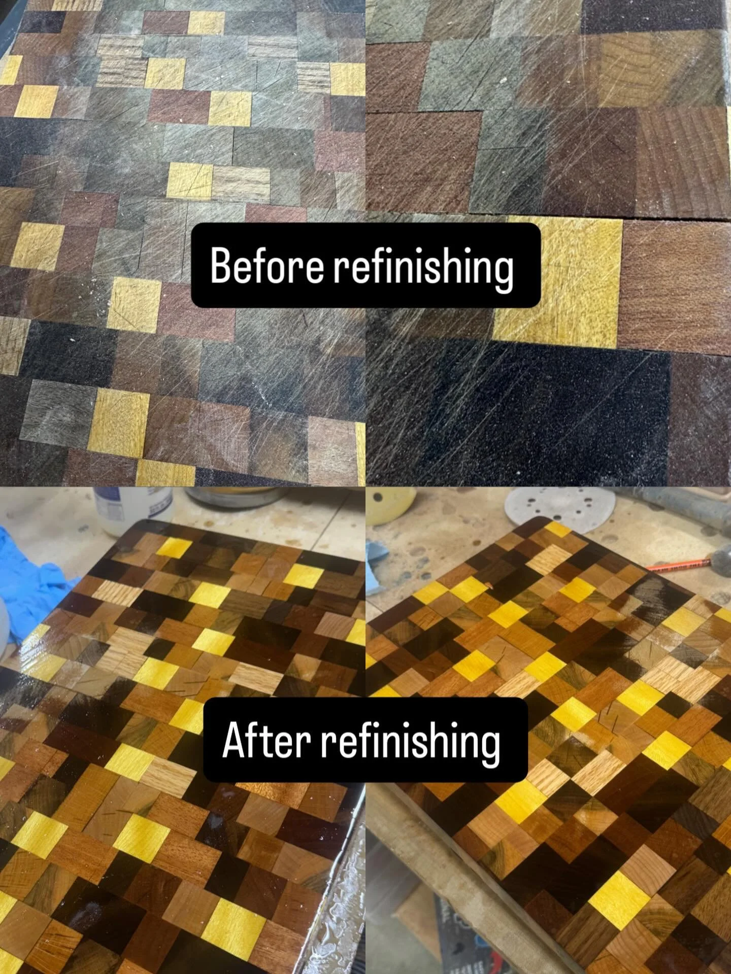 Customer sent over this cutting board off because it had 4 big cracks running through it and wanted to get it refinished.

Had to rip the board apart, fix the damaged sections, and re-glue everything back together. After that I sanded the whole thing