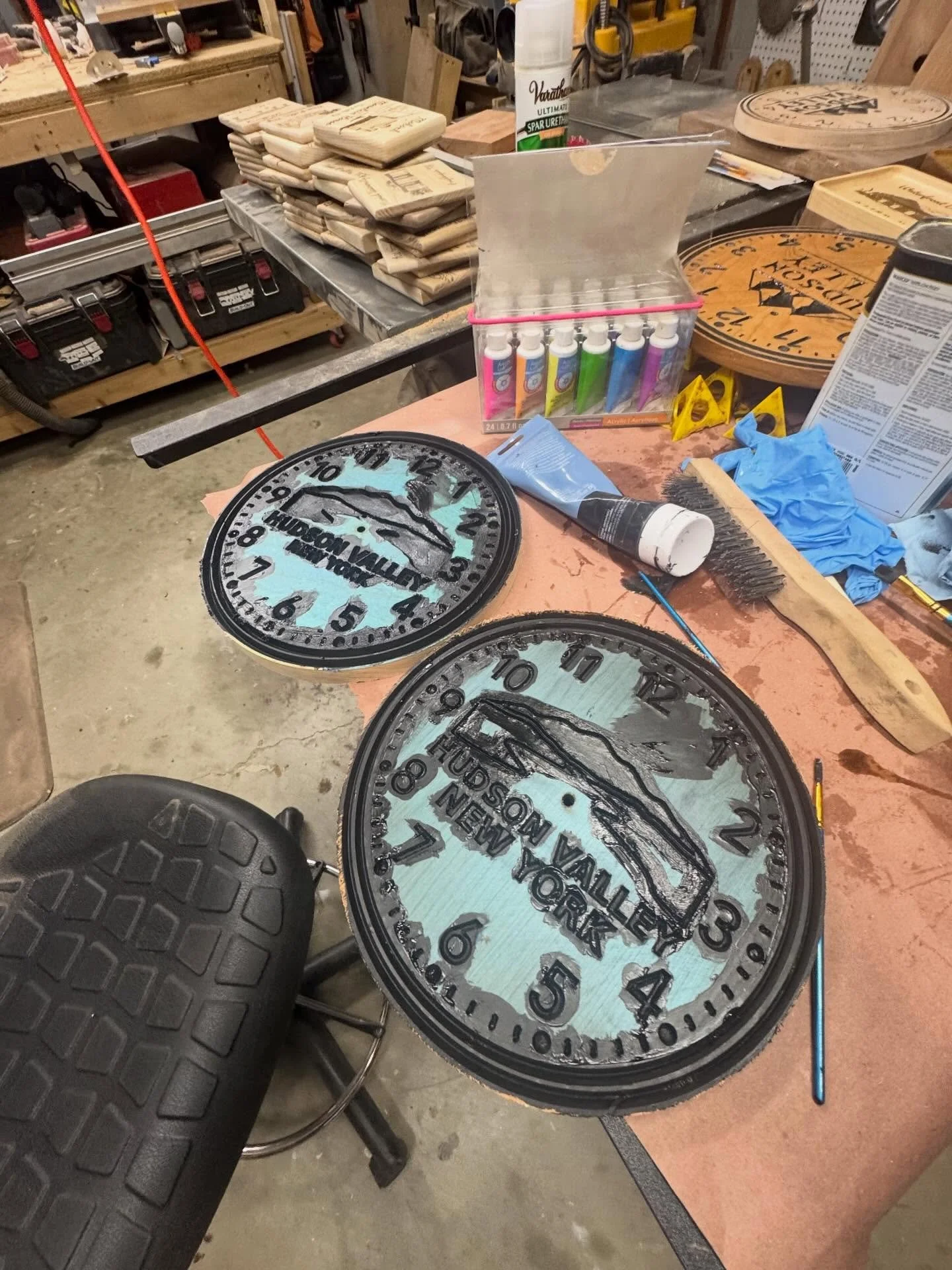 These clocks came off the CNC nice and clean, then finished with black acrylic and are really starting to come together. I&rsquo;m hoping to have them ready for the weekend at the Modern Makers Market (@hopsonthehudson) in Peekskill and the Blossom S