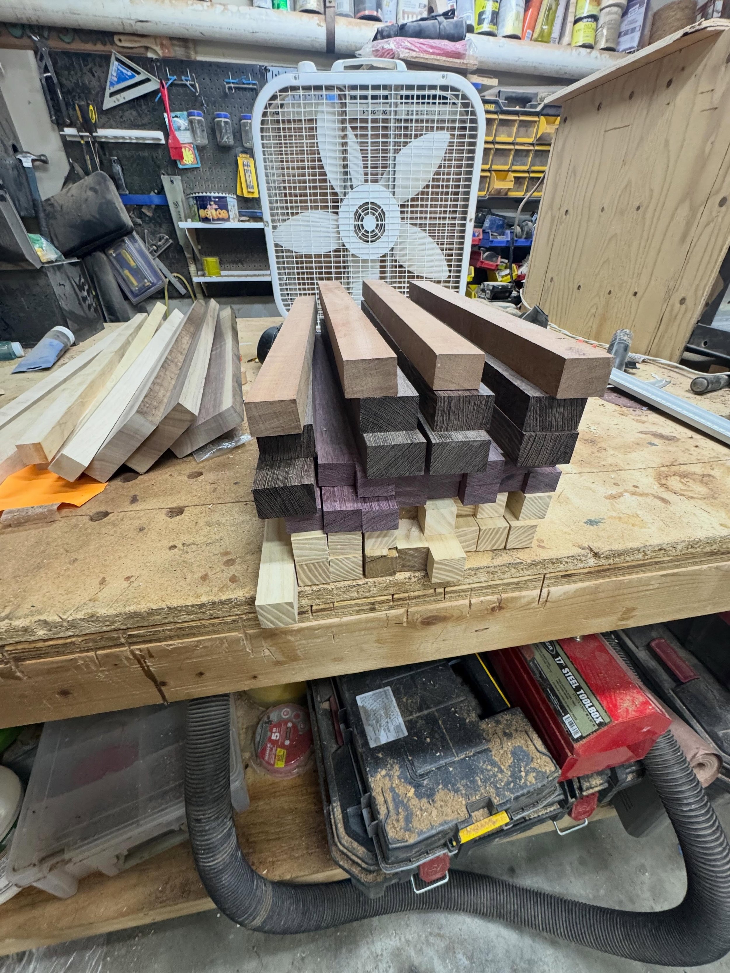 Working on a custom order from faire: 4 serving boards, an end-grain cutting board, and a Lazy Susan.