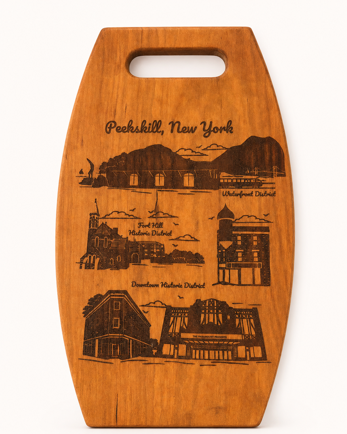 Peekskill NY engraved charcuterie board with Paramount Theater and waterfront artwork