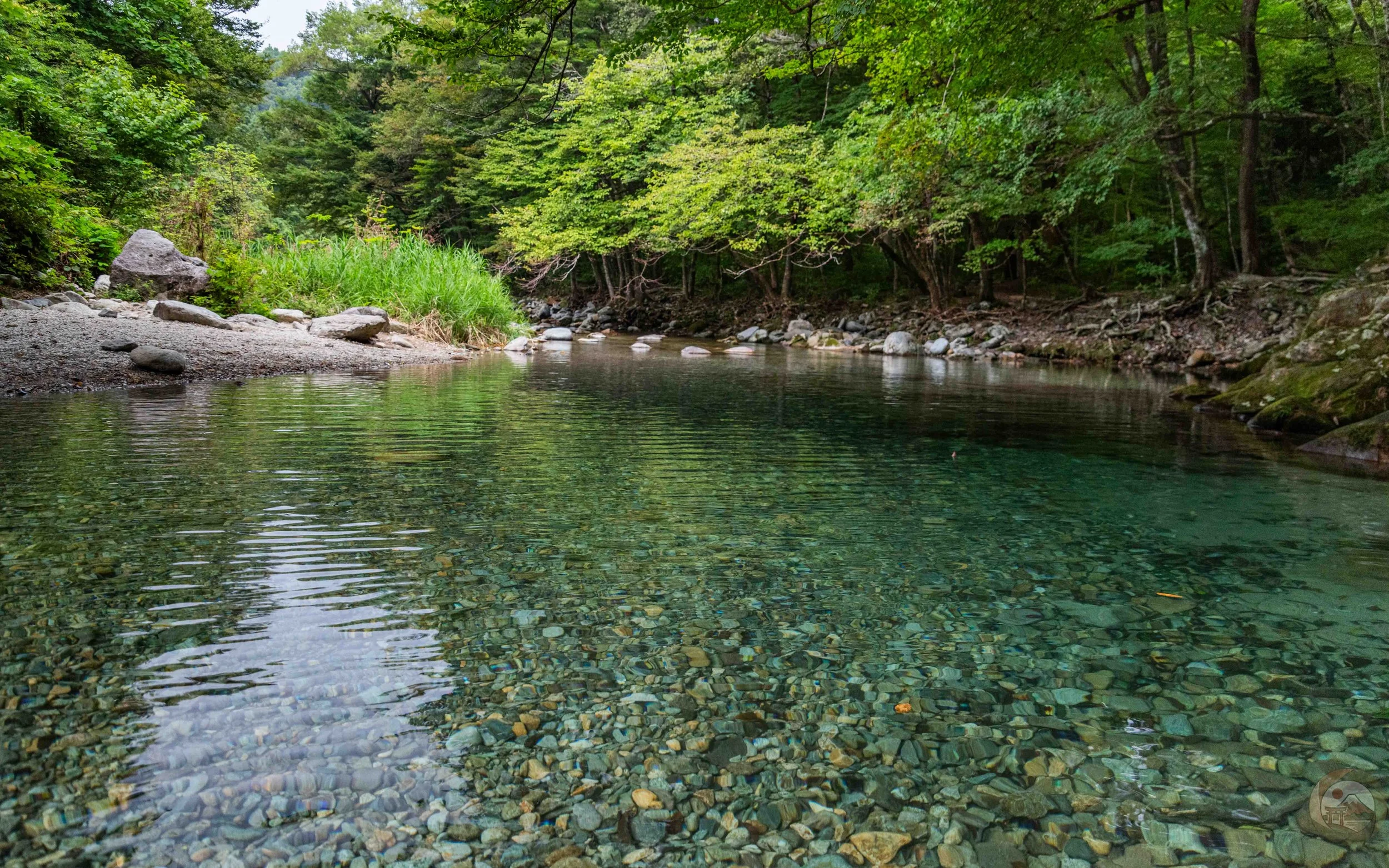 Clear mountain stream with a visible stone riverbed and forested riverbanks.