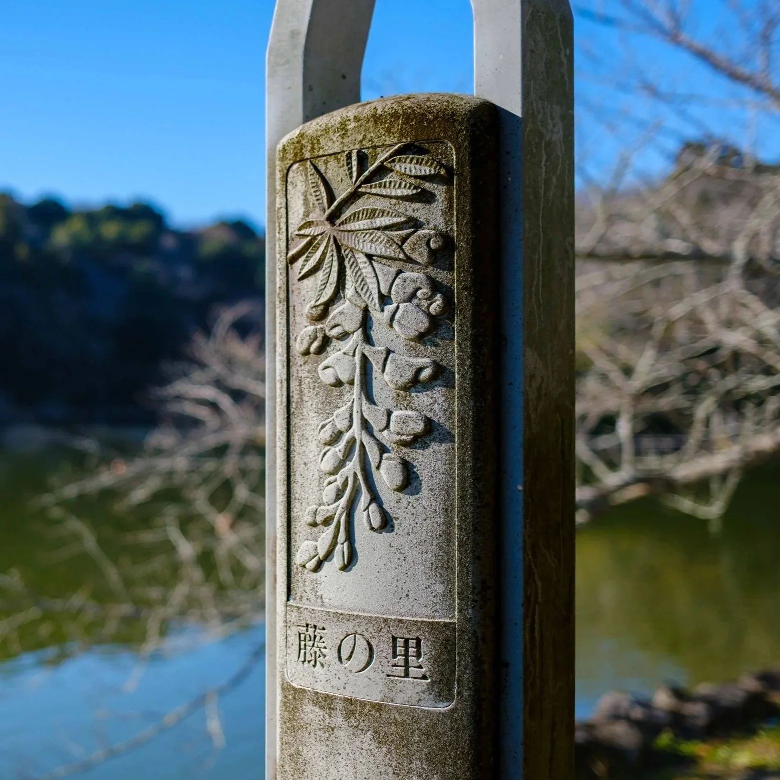 Concrete signpost beside Rengeji-ike Pond in Fujieda, Japan, featuring carved wisteria flowers and Japanese text.