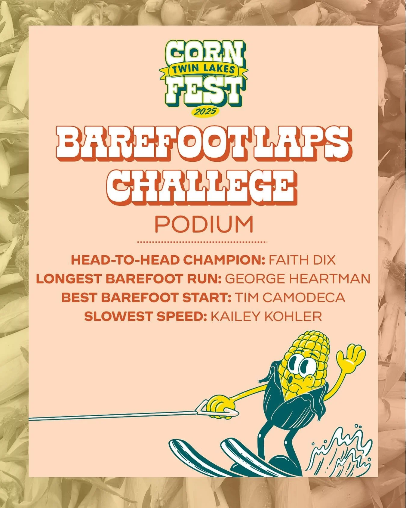 ⭐ The O F F I C I A L 2025 TL CornFest Barefoot Laps Challenge Podium ⭐

Congratulations to all competitors this weekend. 🤩🌽 

#tlcornfest #twinlakescornfest #twinlakes #podium