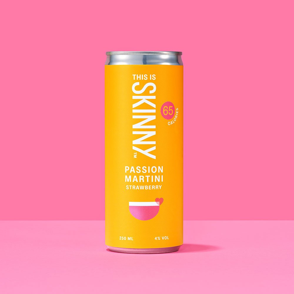 Can cocktail in flavour passionfruit martini displayed on a pink background