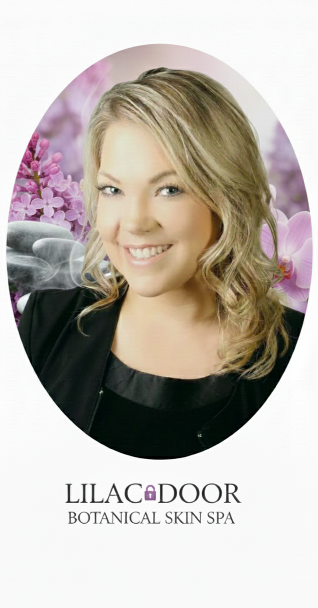 Smiling woman with blonde hair in front of a background of purple flowers and rocks, promoting Lilac Door Botanical Skin Spa.