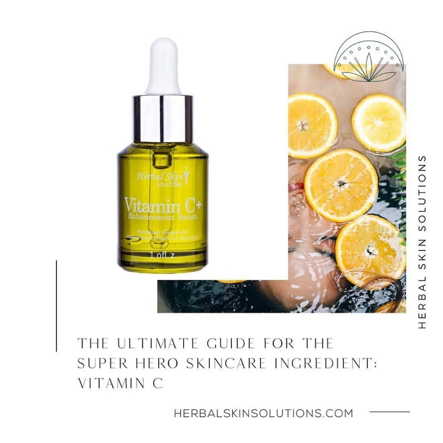 Sustainably sourced vitamin C by Herbal Skin Solutions in a refreshing orange water  bath background.