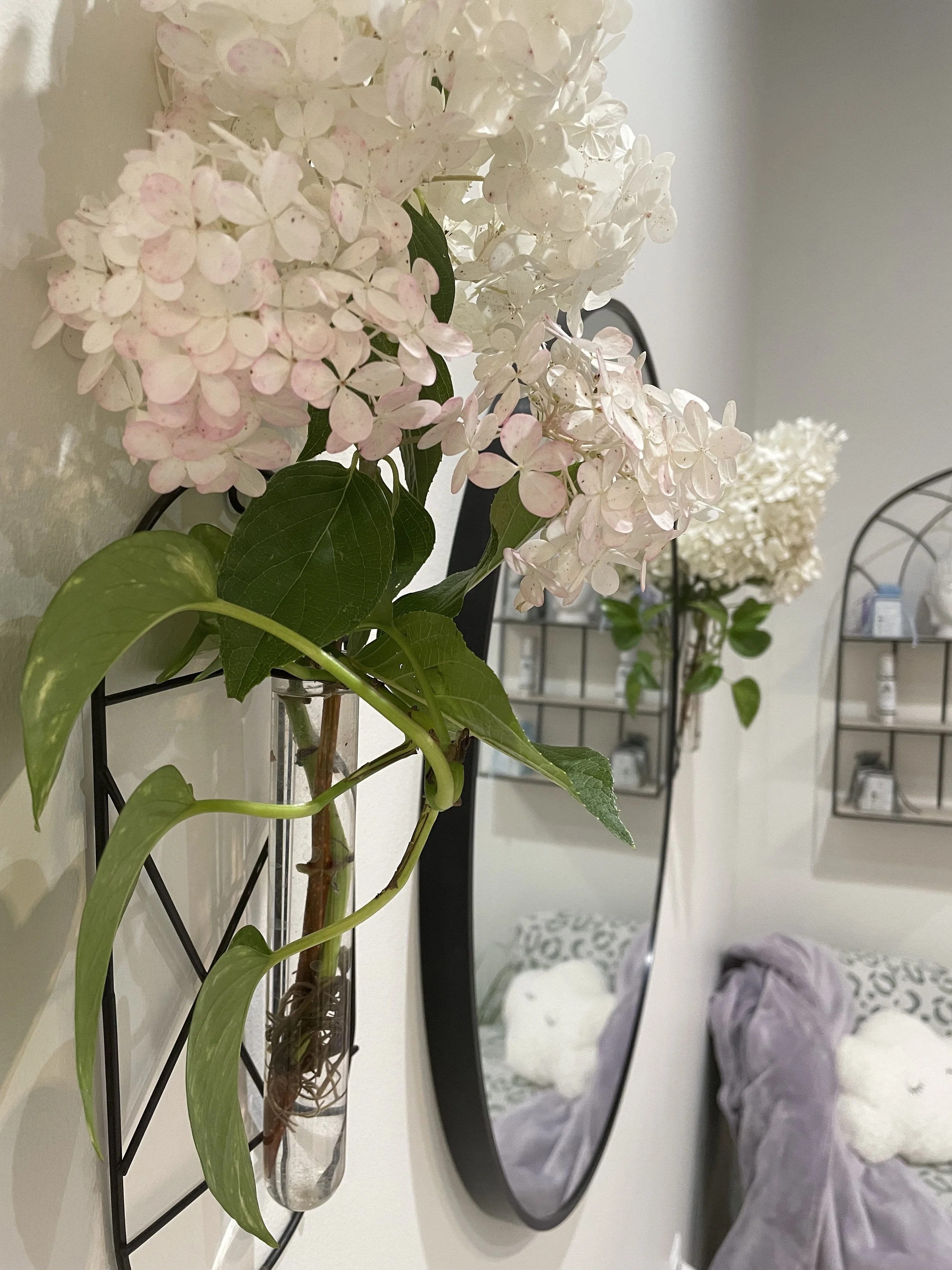 Pink and white hydrangea flowers in a glass vase mounted on a wall with a black wire frame. In the background, a mirror, a bed with gray and white bedding, and shelves with various items are visible.