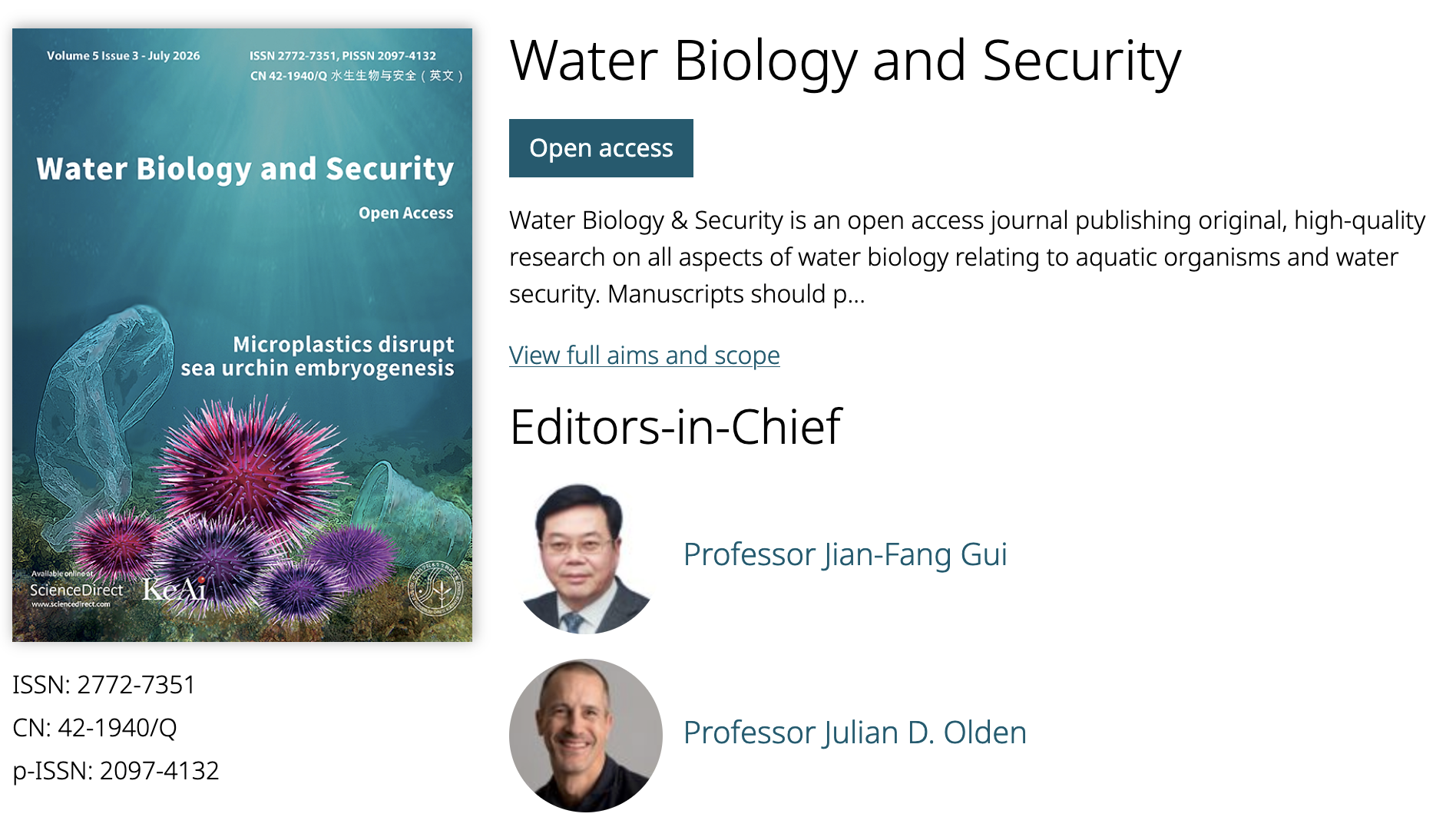 New Editor-in-Chief of Water Biology and Security