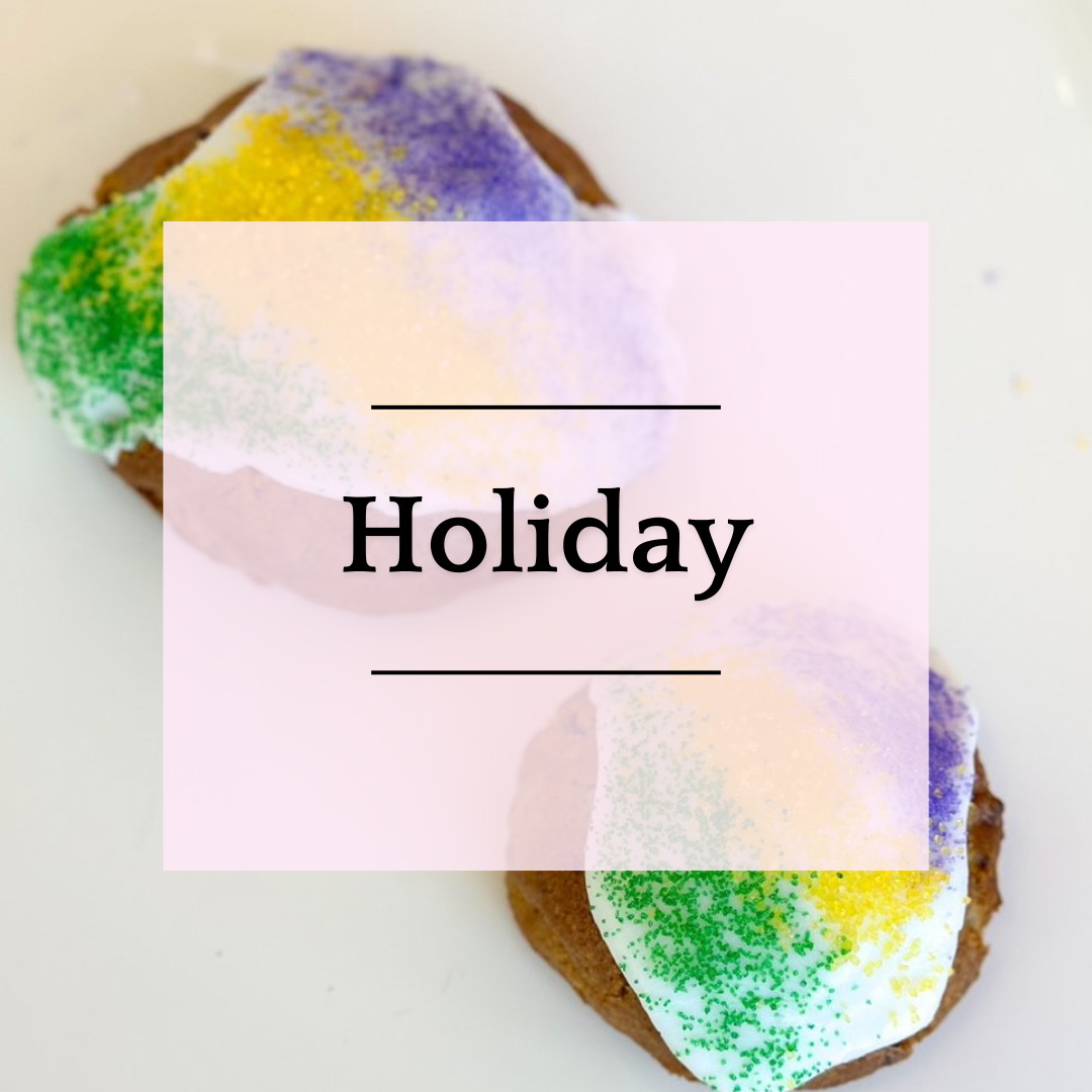 King cake cookie image in background with text Holiday in foreground on pink square