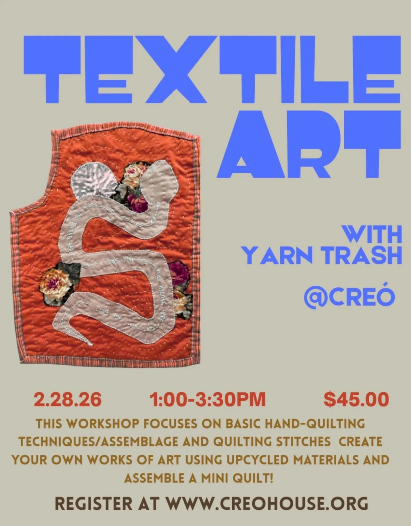 Sign up quick! 🪡🐍

Spots are moving fast for our upcoming class with Houston's favorite seamster, James from @yarntrash! 

This hands-on workshop will teach us how to give thrifted and up-cycled fabrics new life as beautiful pieces of wall hanging 