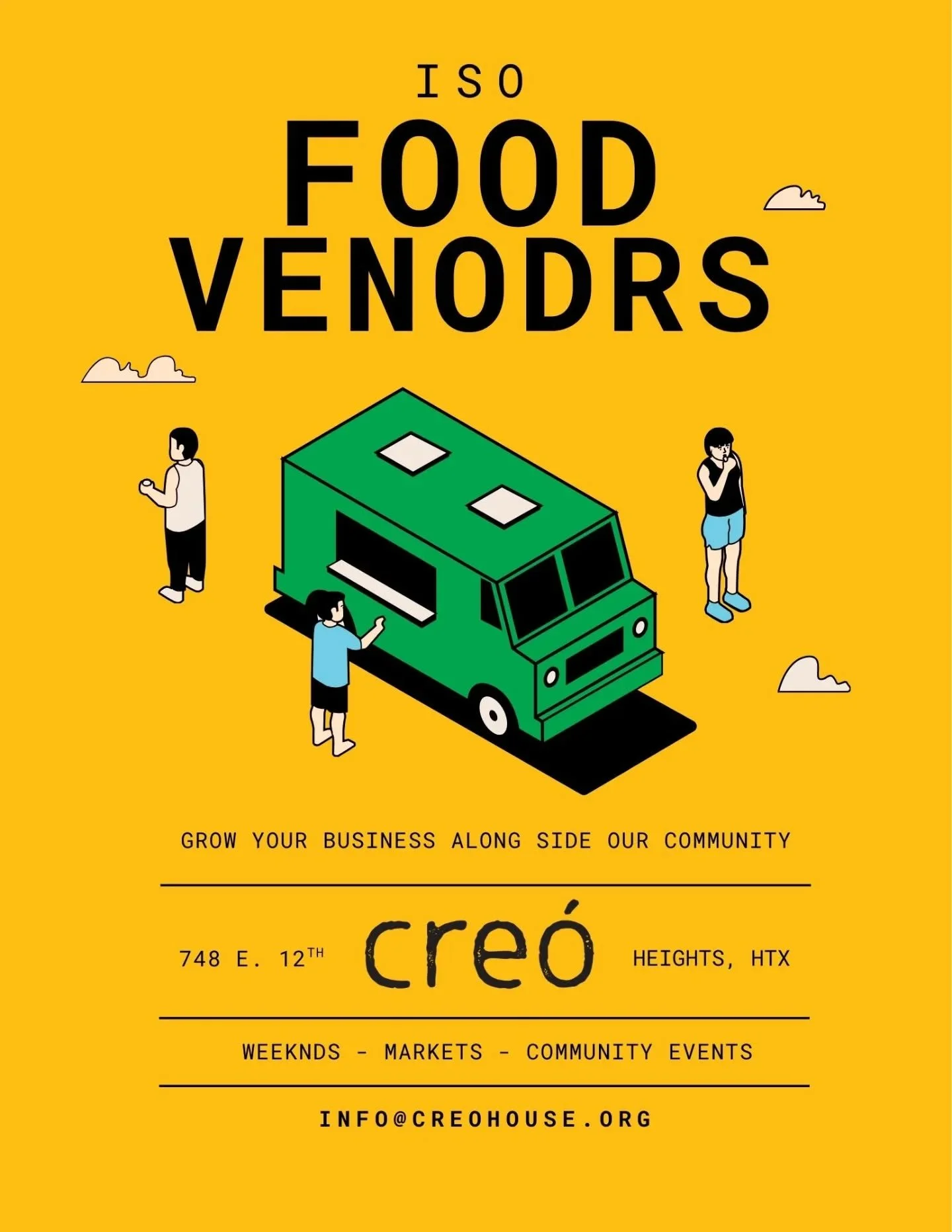 Calling all food trucks! 🍔🥡🌮👨&zwj;🍳

As we've continued our mission to build an impactful third space community here at Cre&oacute; we have asked our guests, collaborators, neighbors, and team what more we can offer to bring people in, help them
