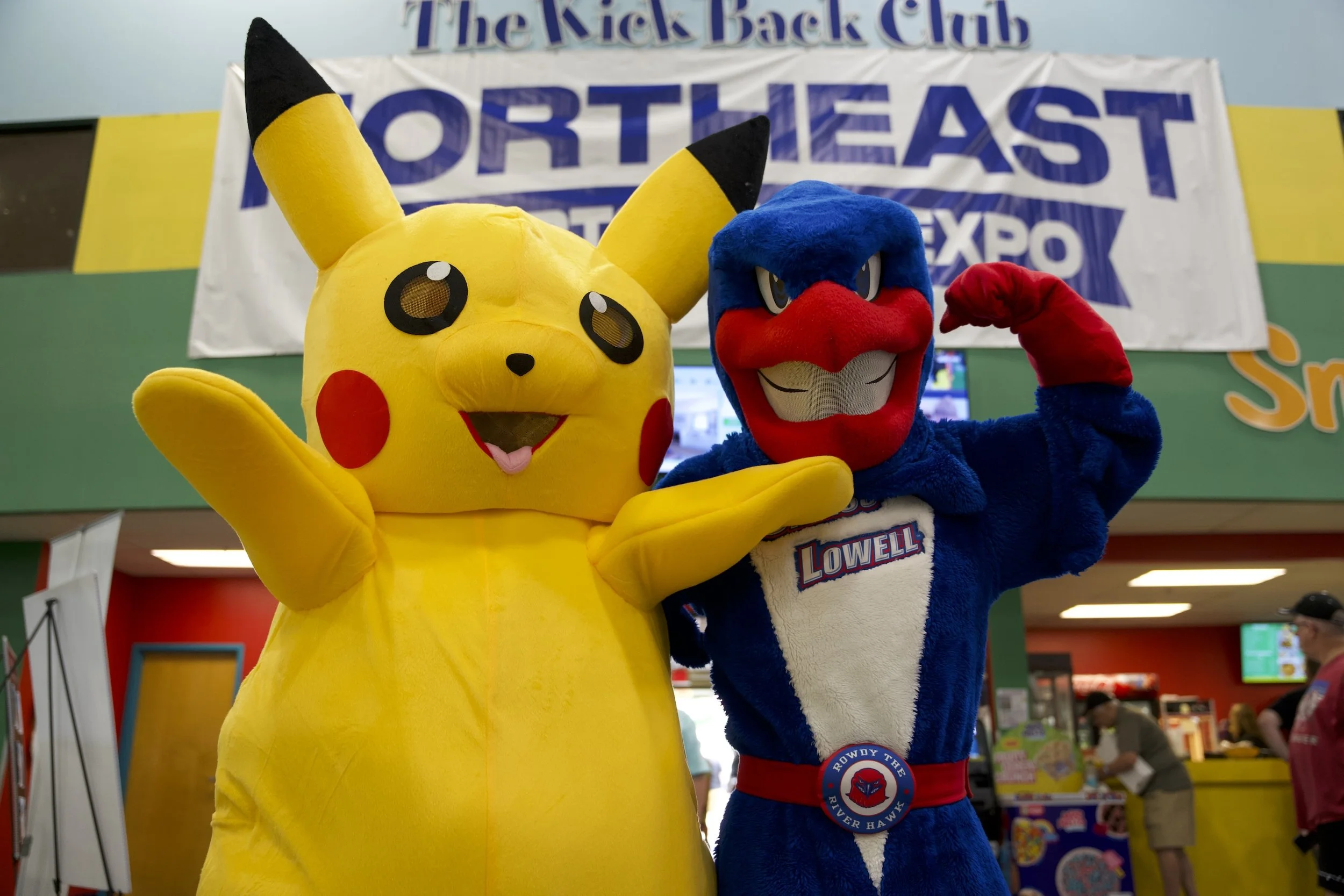 Pikachu and UMass Lowell mascot Rowdy