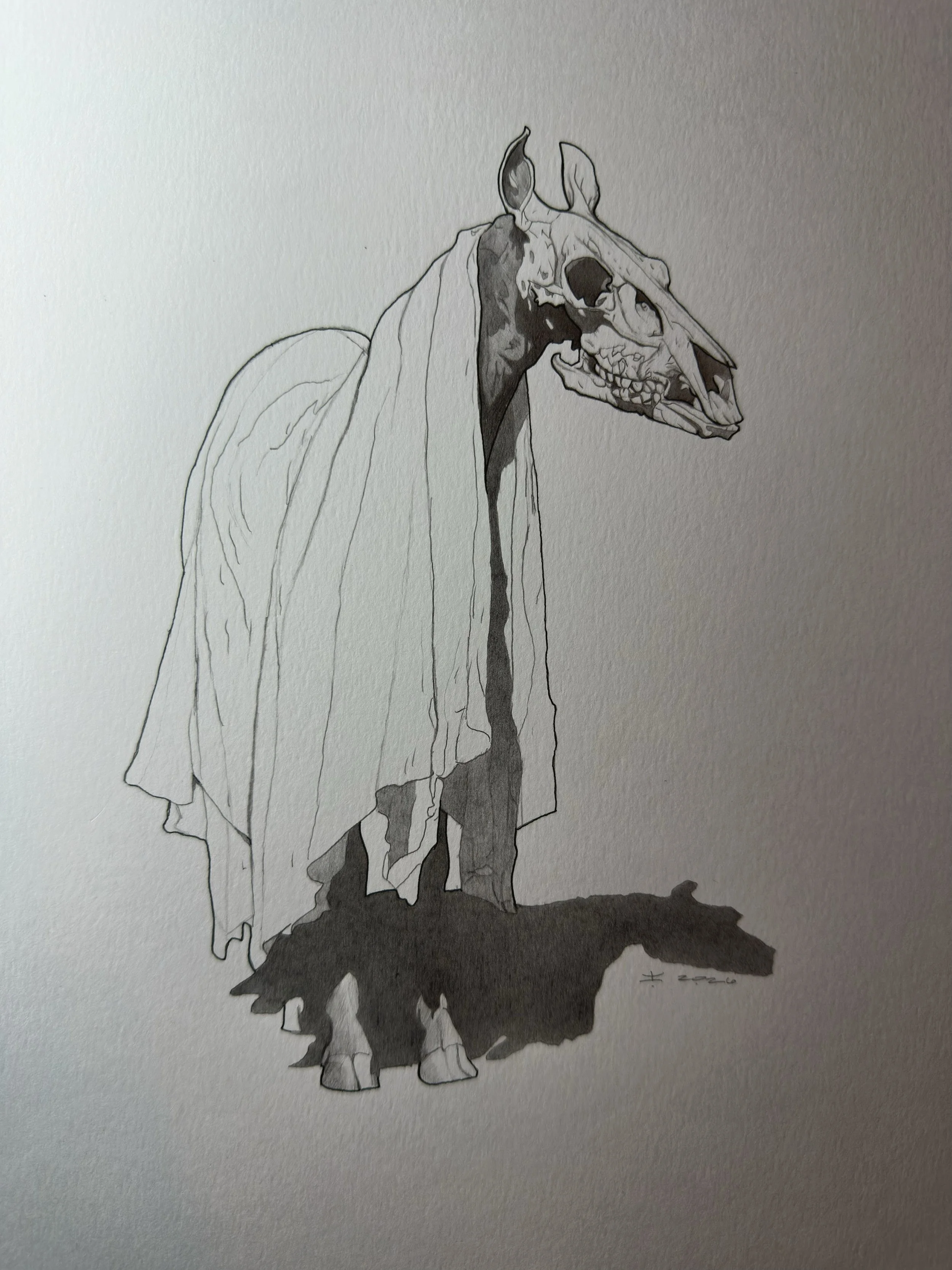 The Spirit of Mari Lwyd.
Mixed media on paper.
2026.