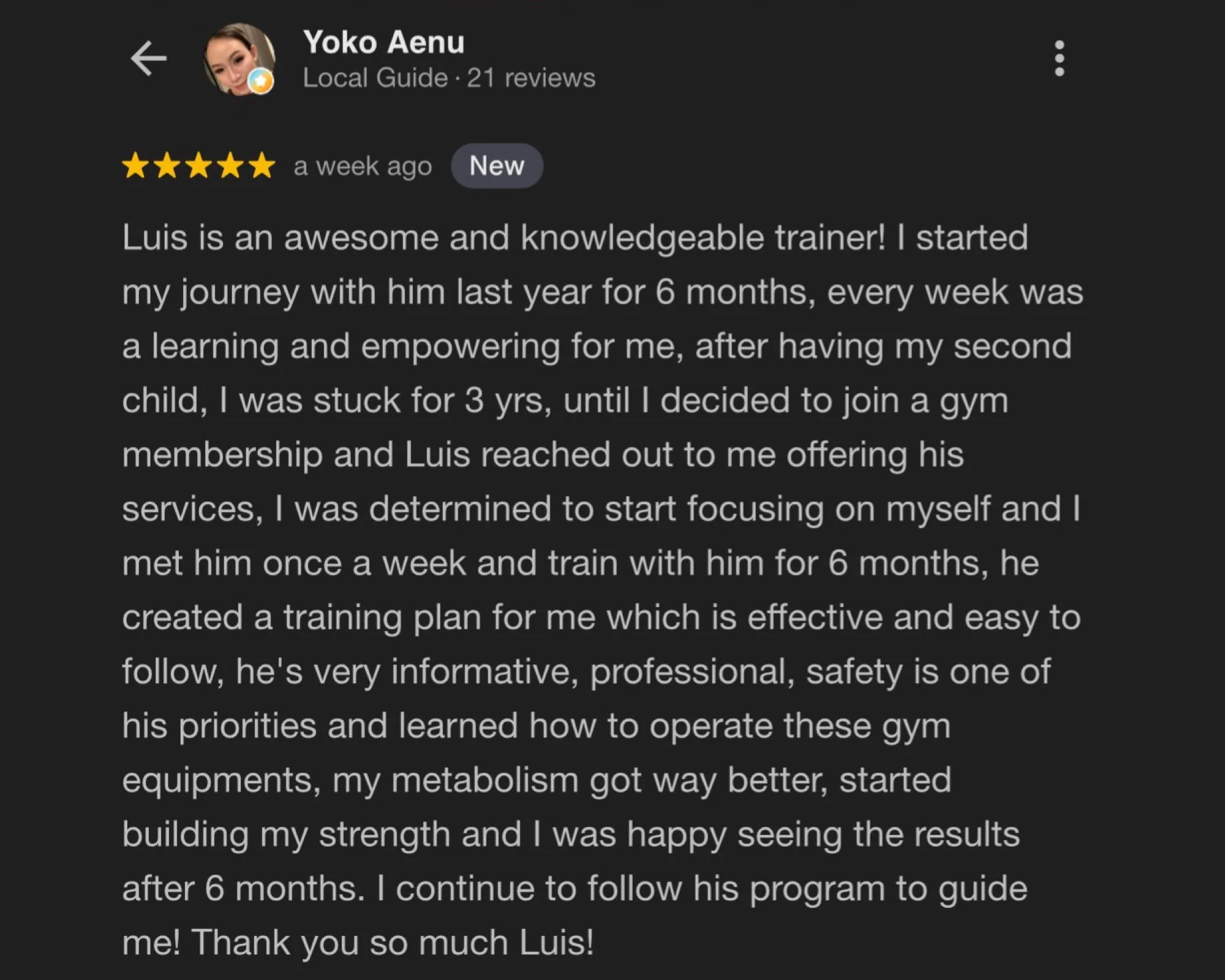 Screenshot of a Google reviews page featuring a five-star review for a trainer named Luis by a client named Yoko Aenu. The review expresses gratitude and satisfaction with Luis's training program.