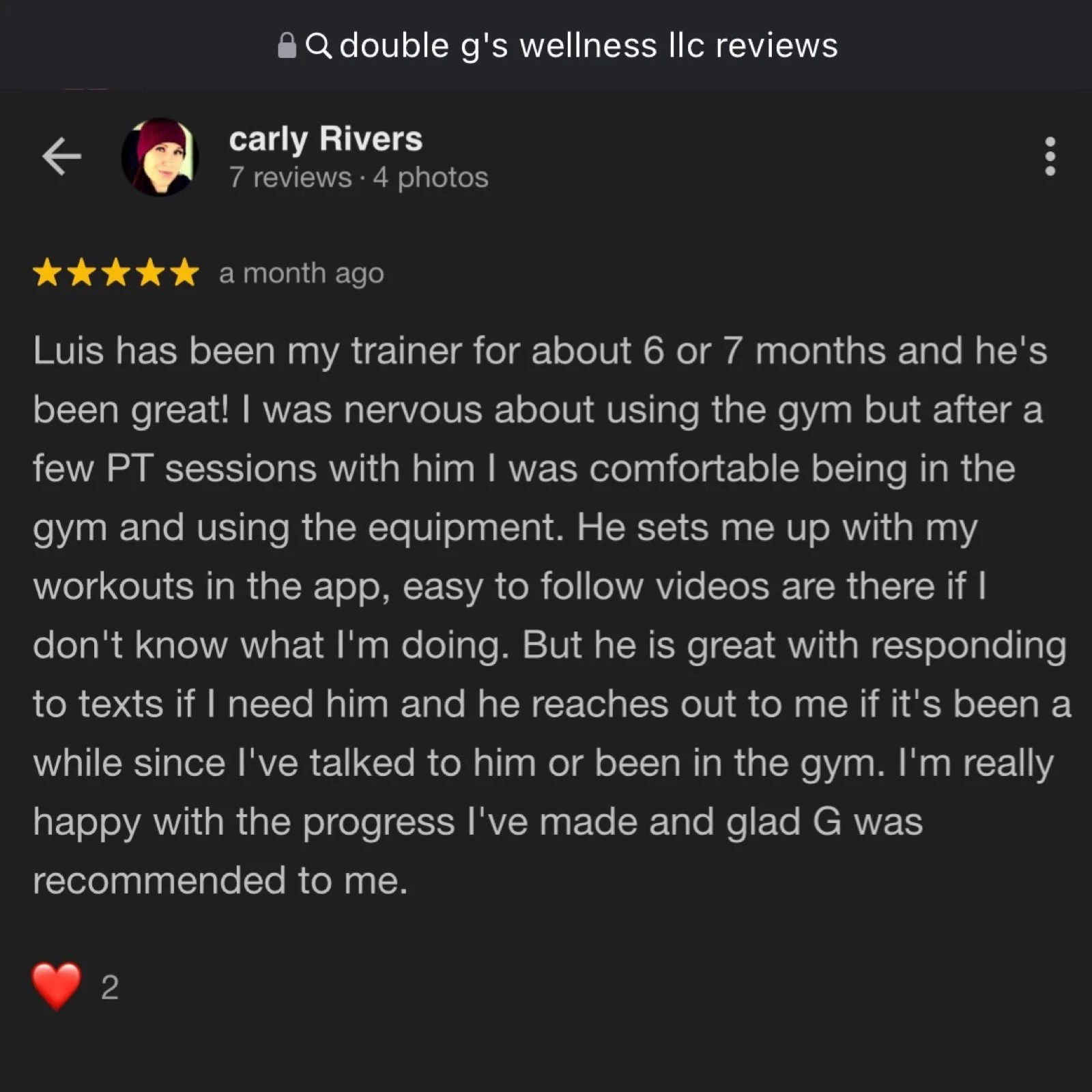 Screenshot of a Google review page with the review by Carly Rivers for Double G's Wellness LLC, praising her trainer Luis for his support and effective workouts.