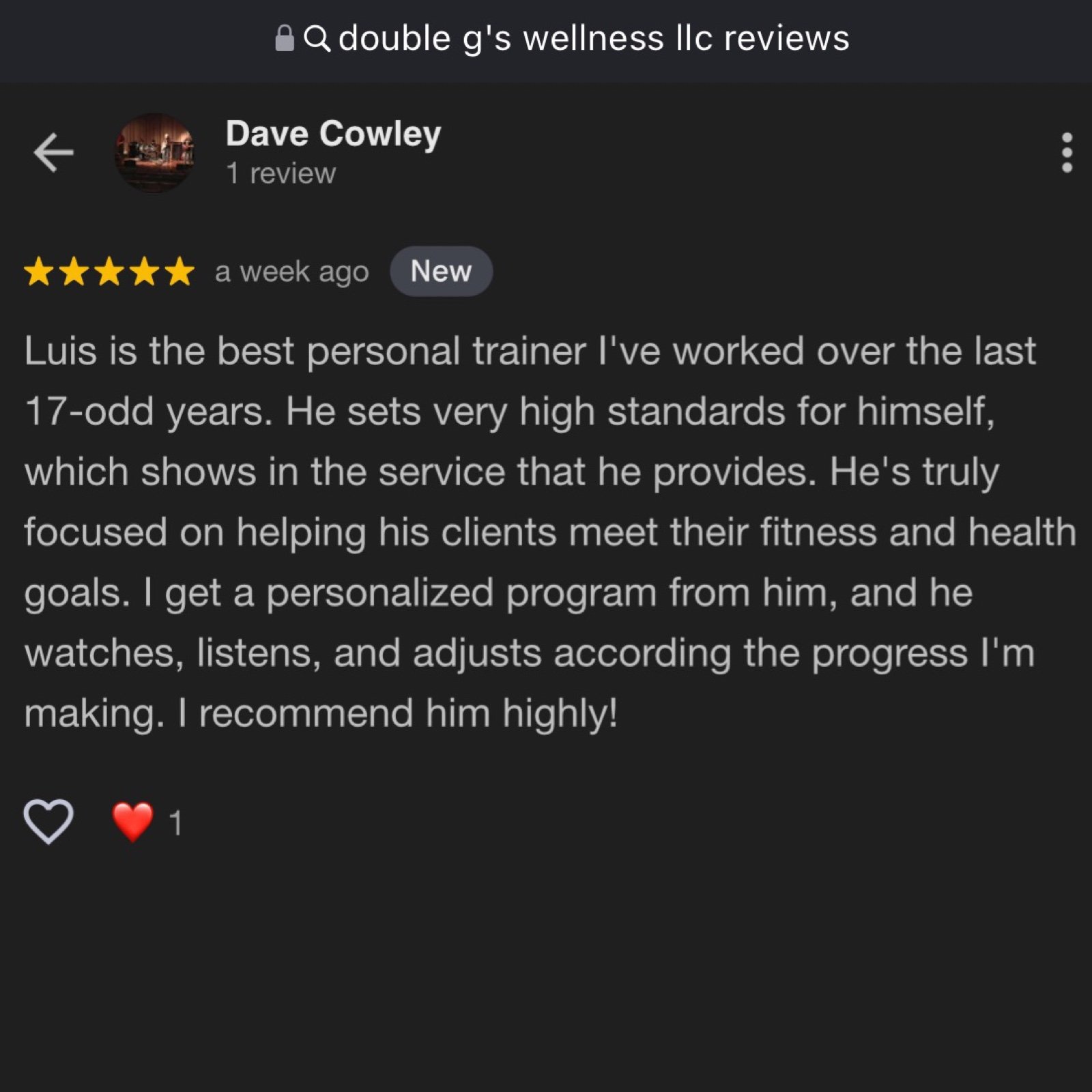 Screenshot of a Google reviews page for a trainer named Luis, showing a five-star review from Dave Cowley praising Luis's personalized training program and high standards.