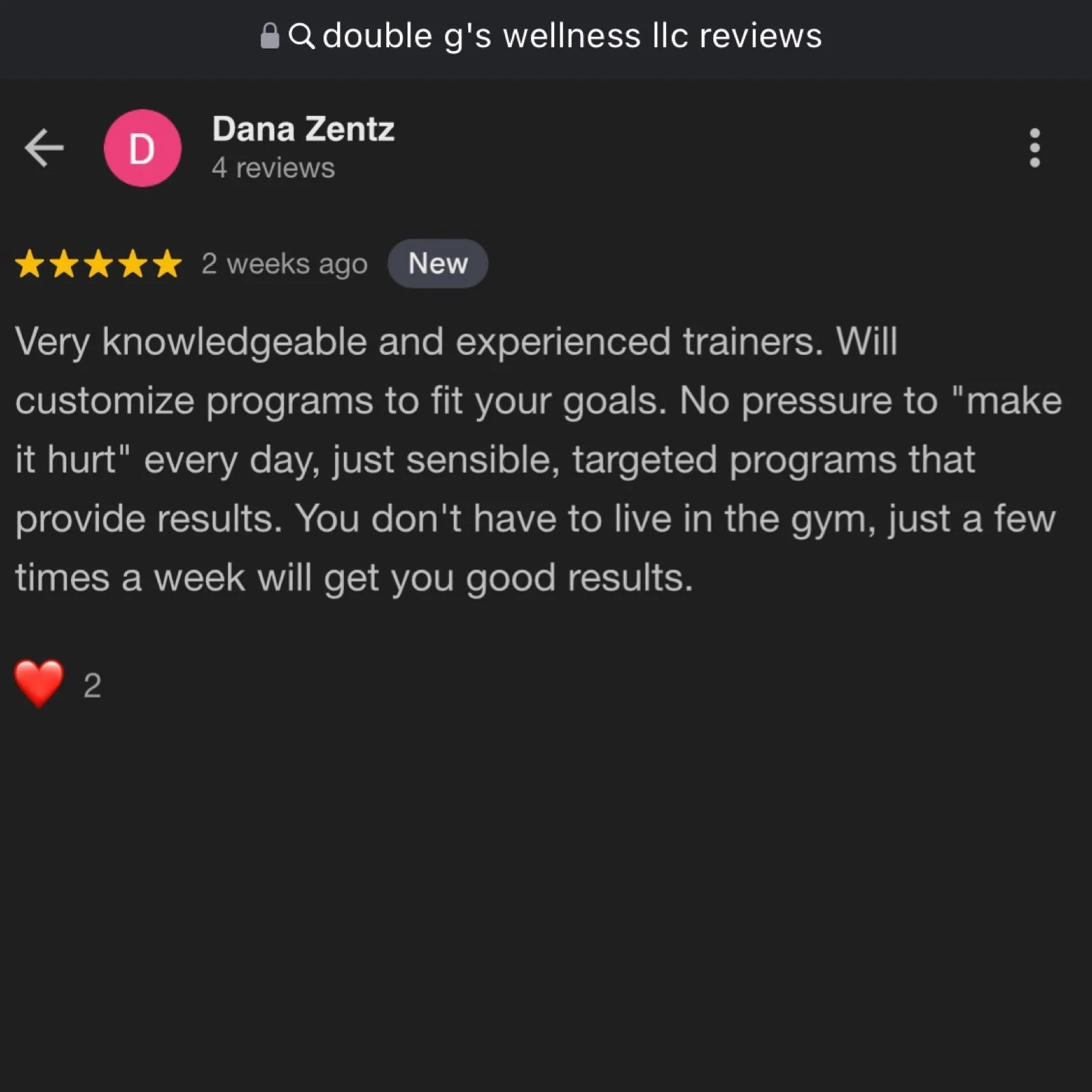 Review of Double G's Wellness LLC by Dana Zentz, featuring a five-star rating, positive comments about experienced trainers, and a heart reaction.