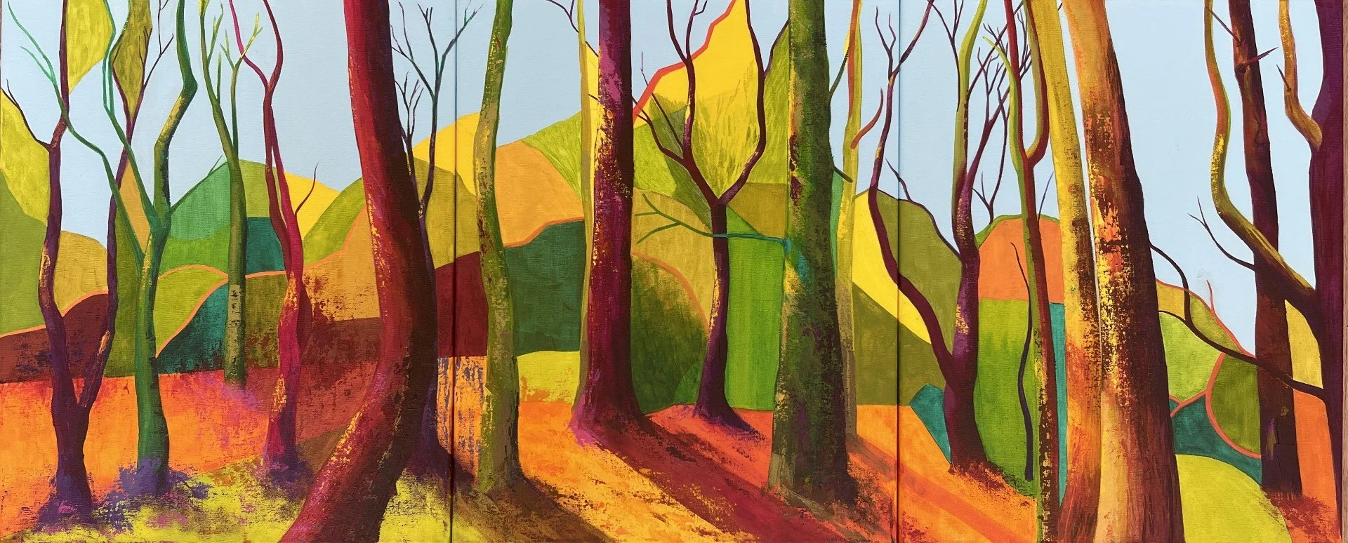 Golden Autumnal Trees
Tryptic. 3 panels of 300x400 acrylic painting embelished with 24 carat gold leaf and finished in high gloss
SOLD
Prints available