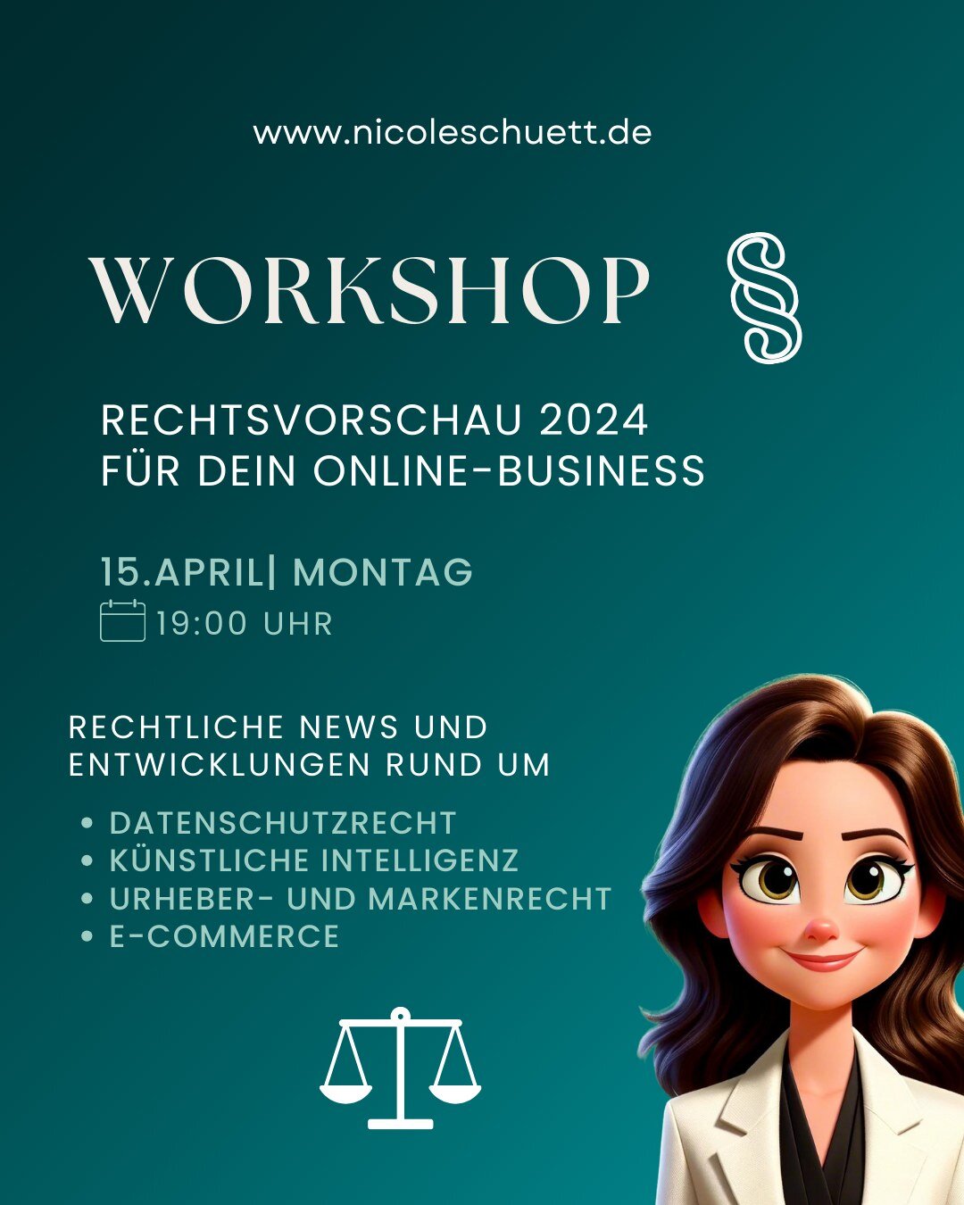 🚀 Workshop-Einladung: Rechtsvorschau 2024 f&uuml;r dein Online-Business 🚀

Du bist Online-Unternehmer und m&ouml;chtest dein Business auf die rechtlichen Herausforderungen der n&auml;chsten Jahre vorbereiten? Dann lade ich dich herzlich zu meinem W