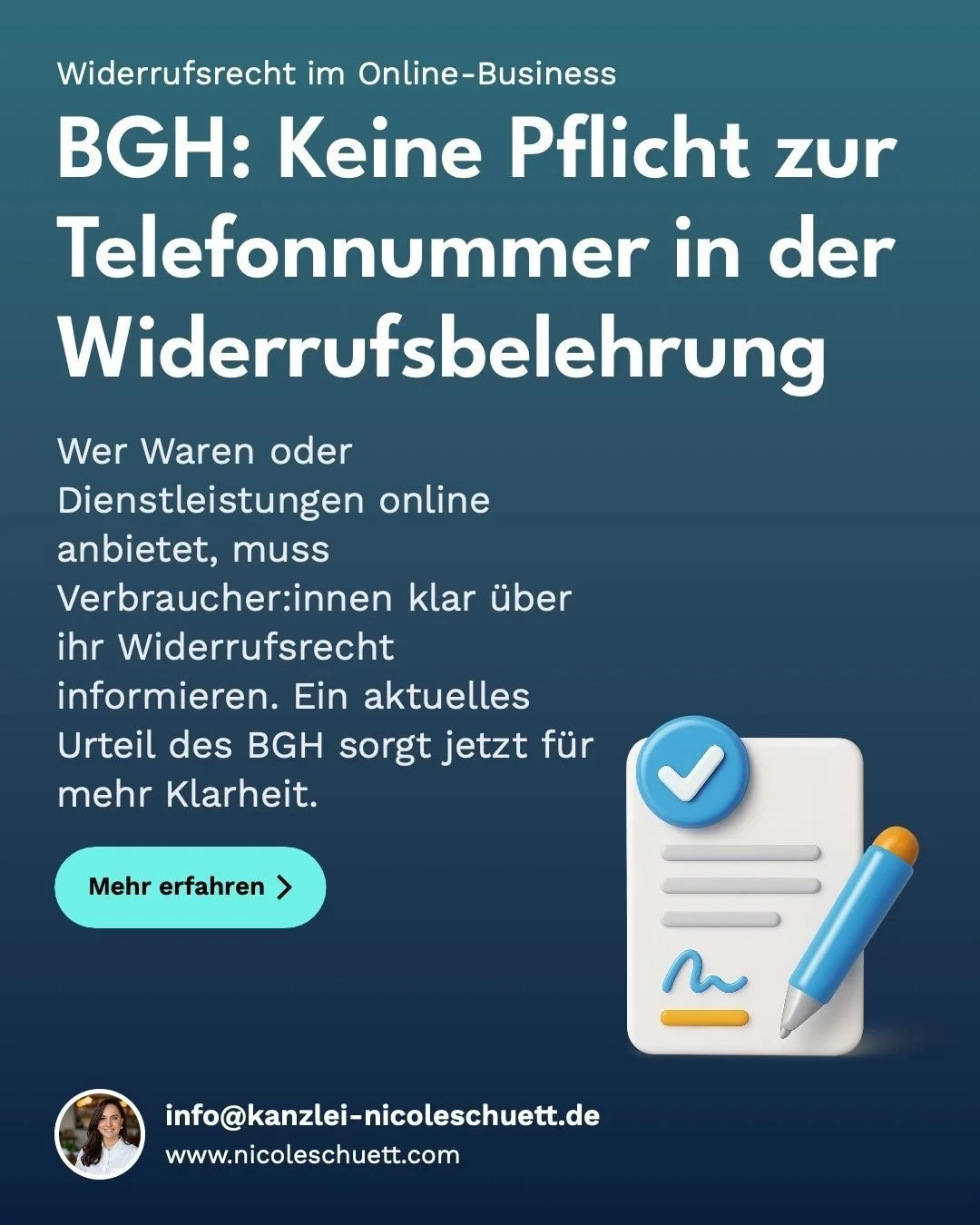 🚨 Neues BGH-Urteil zum Widerrufsrecht!

Viele Online-Unternehmer:innen fragen sich: Muss die Telefonnummer zwingend in die Widerrufsbelehrung?

👉 Der BGH hat entschieden: Nein!

Solange Postanschrift und E-Mail angegeben sind, ist die Belehrung wir