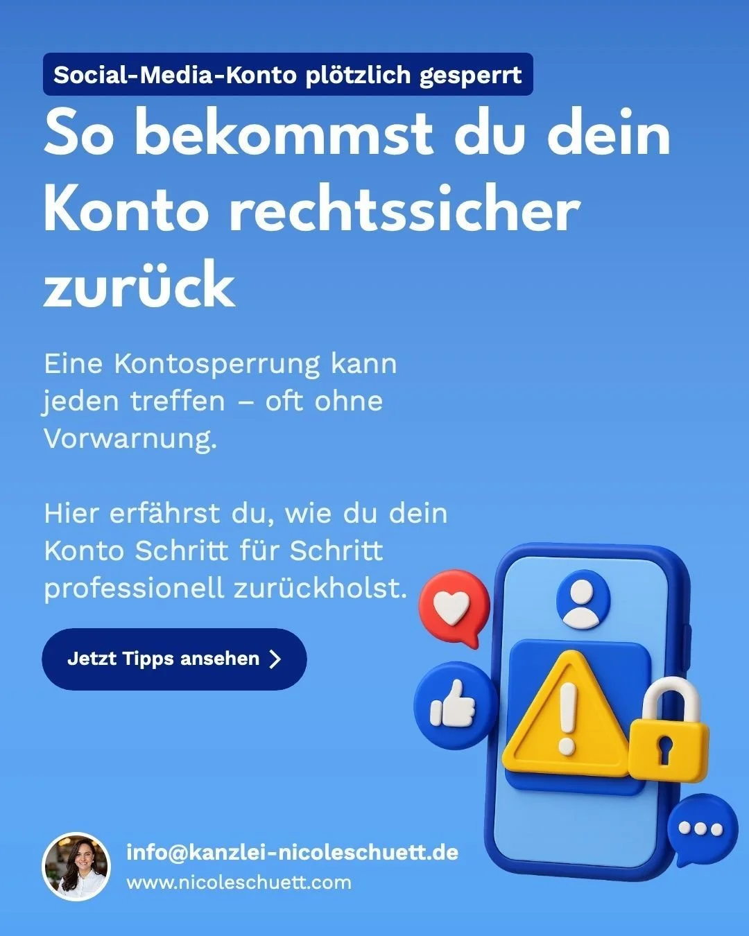 Dein Social-Media-Konto ist pl&ouml;tzlich gesperrt? 😱

Das kann schneller passieren, als man denkt &ndash; und f&uuml;r Unternehmer:innen existenzbedrohend werden.

👉 In meinem neuen Beitrag zeige ich dir Schritt f&uuml;r Schritt, wie du professio