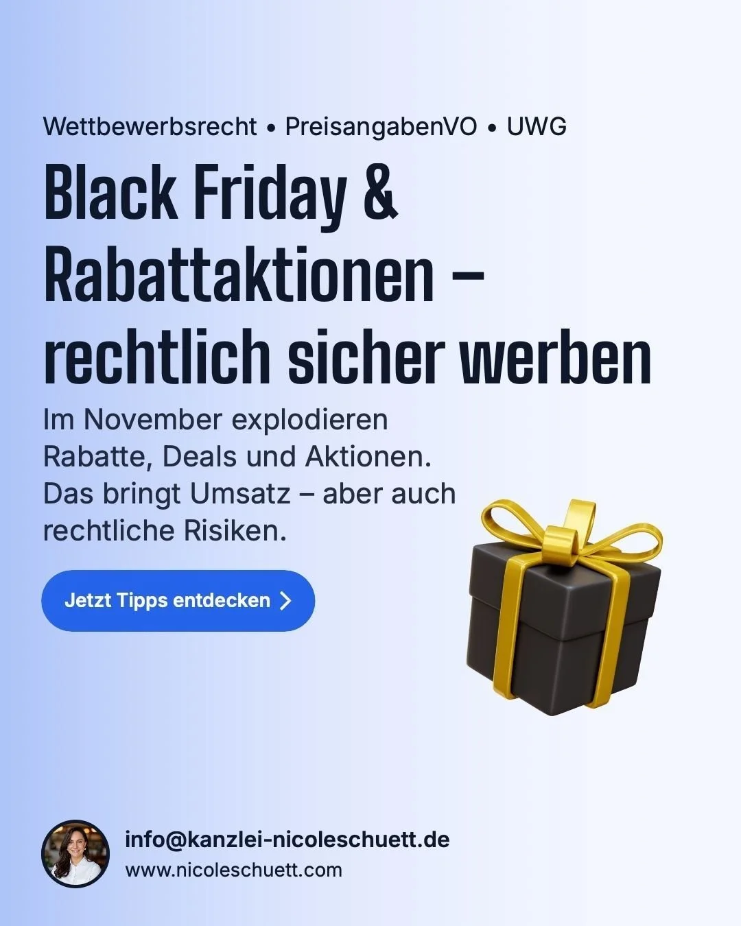 Black Friday muss nicht stressig sein &ndash; weder f&uuml;r Marketing noch rechtlich.
Mit den richtigen Formulierungen kannst du starke Aktionen fahren, ohne Abmahnrisiko im Hinterkopf zu haben.

Das Ziel ist nicht &bdquo;vorsichtig sein&ldquo;, son
