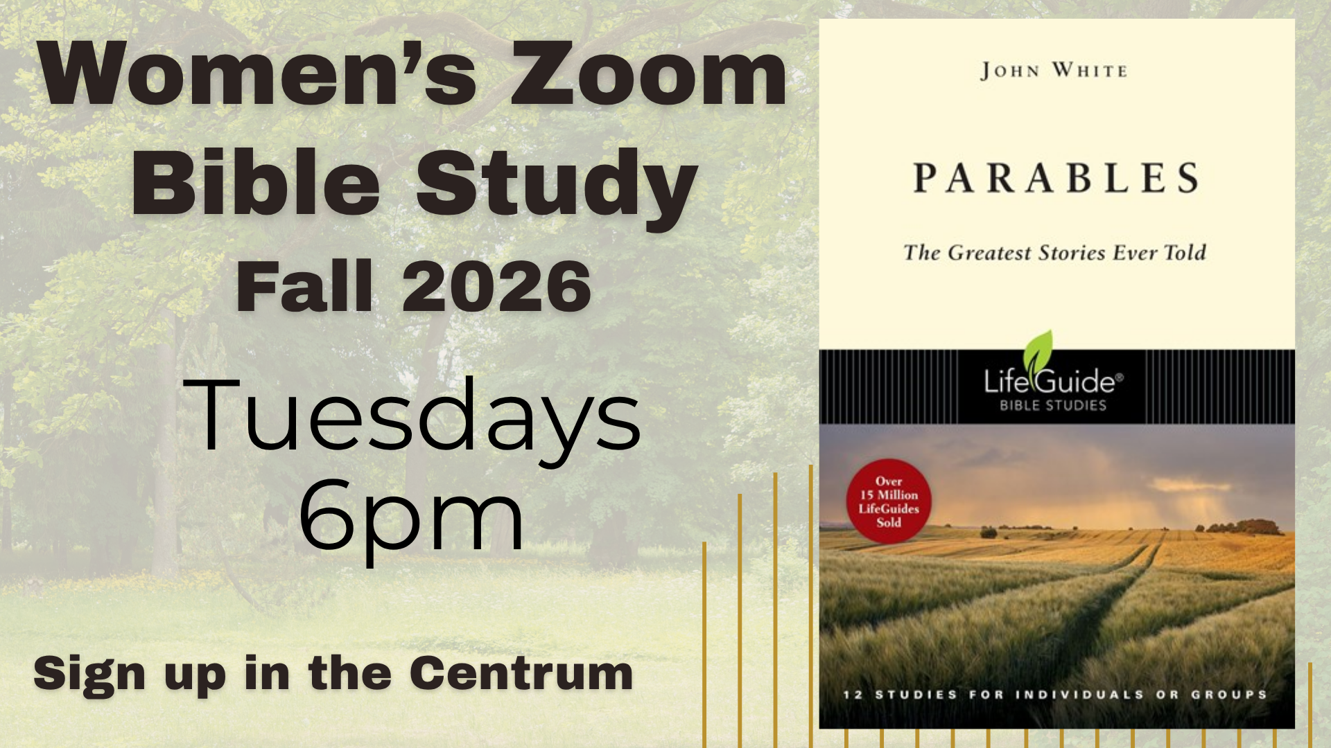 Flyer for Ladies Zoom Bible Study beginning November 4th at 6:15 pm, with contact information for Pam Zimmerman at 505-296-0762. The flyer features a cover of a book titled 'The Spirit-Filled Follower of Jesus' with a black and white image of flowering trees.