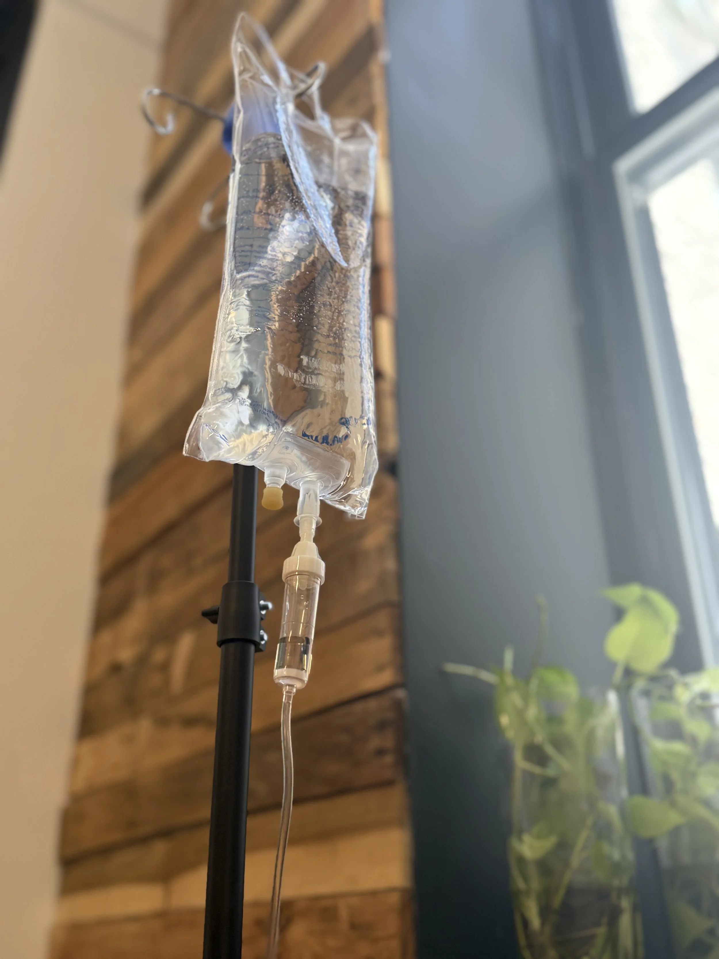 An IV drip bag hanging on a stand, with tubes attached, in a room with wooden paneling and a window, with green plants nearby.