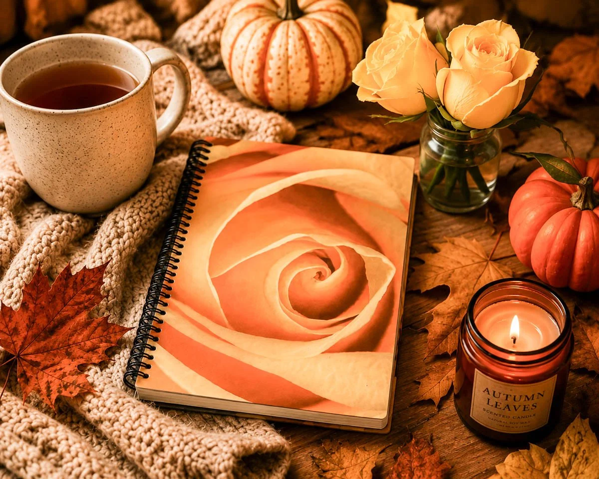a rose journal with fall tea and candles