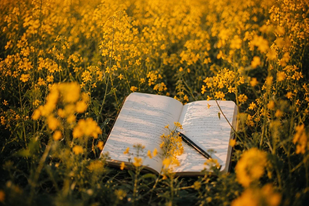 an open journal in a summer flower field