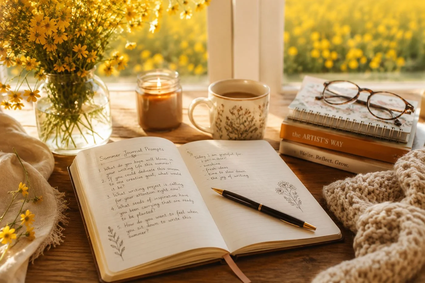cozy summer journal writing set up with flowers coffee candles