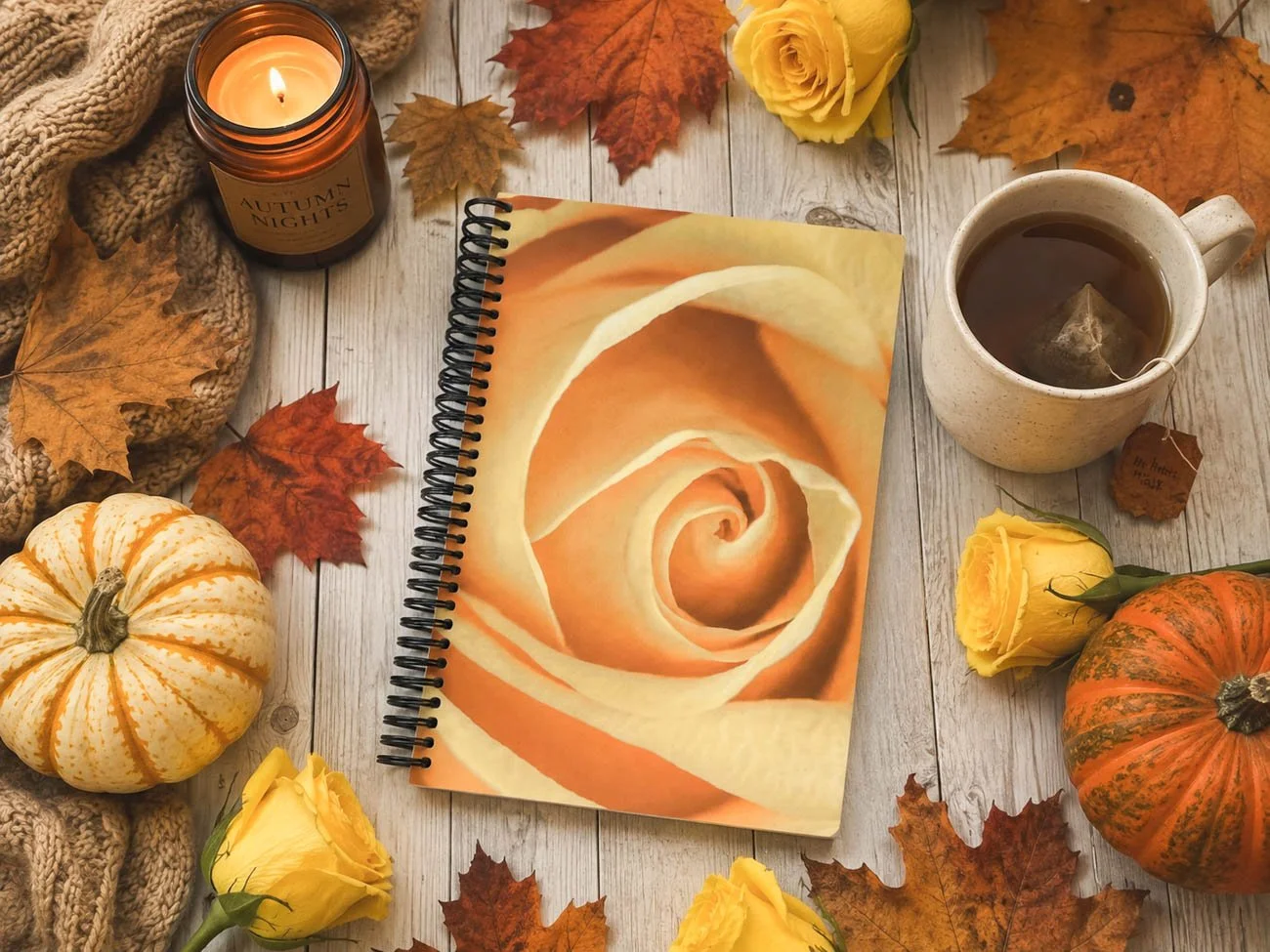 a yellow rose journal surround by cozy autumn journaling