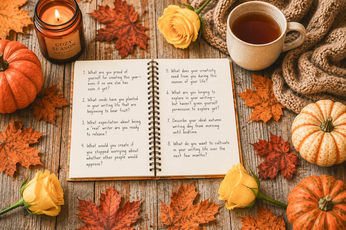 a cozy autumn journal with pumpkins