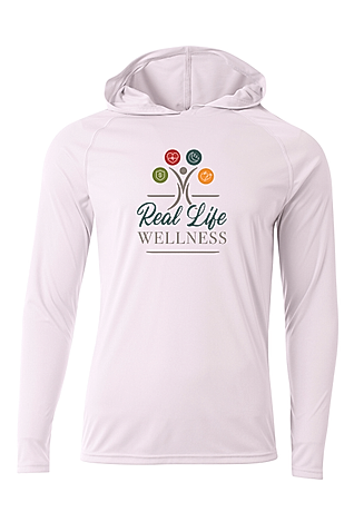 White Hooded Longsleeve with Real Life Wellness logo on the front.