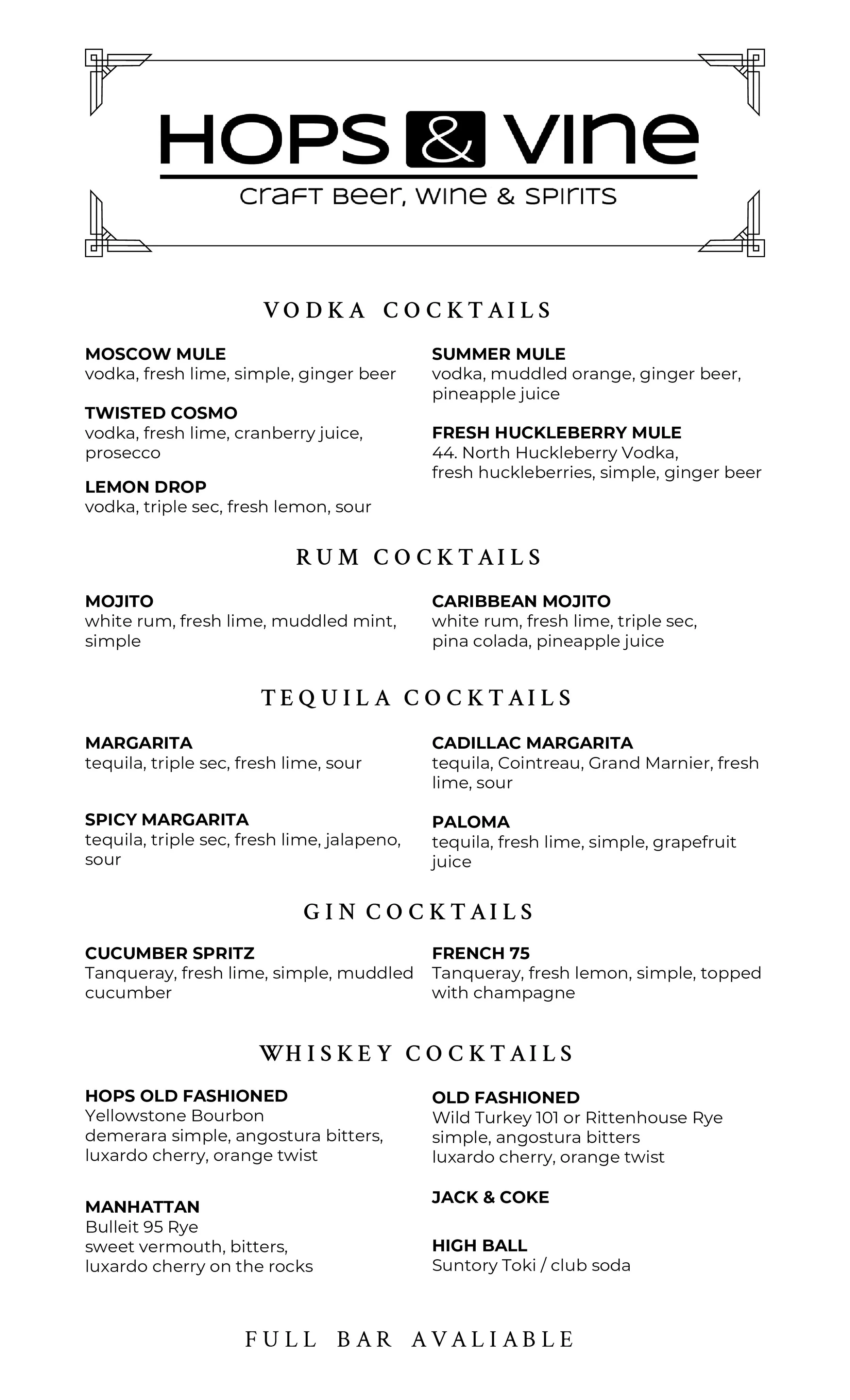 Hops Menu Private Party Bookings — Hops & Vine