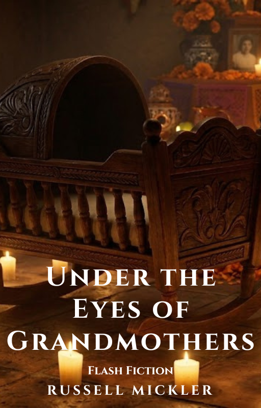 A wooden cradle with intricate carvings in a dimly lit room, candles on the floor, and a blurred background with flowers, a framed photo, and decorative objects, creating a nostalgic and intimate atmosphere.