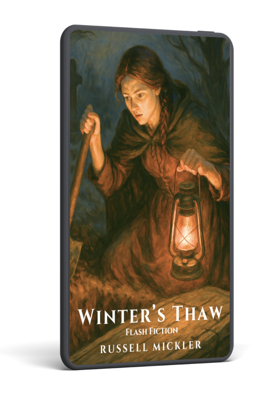 Book cover of "Winter's Thaw" by Russell Mickler, featuring an illustration of a woman holding a lantern in one hand and a stick in the other, set against a dark, wilderness background.