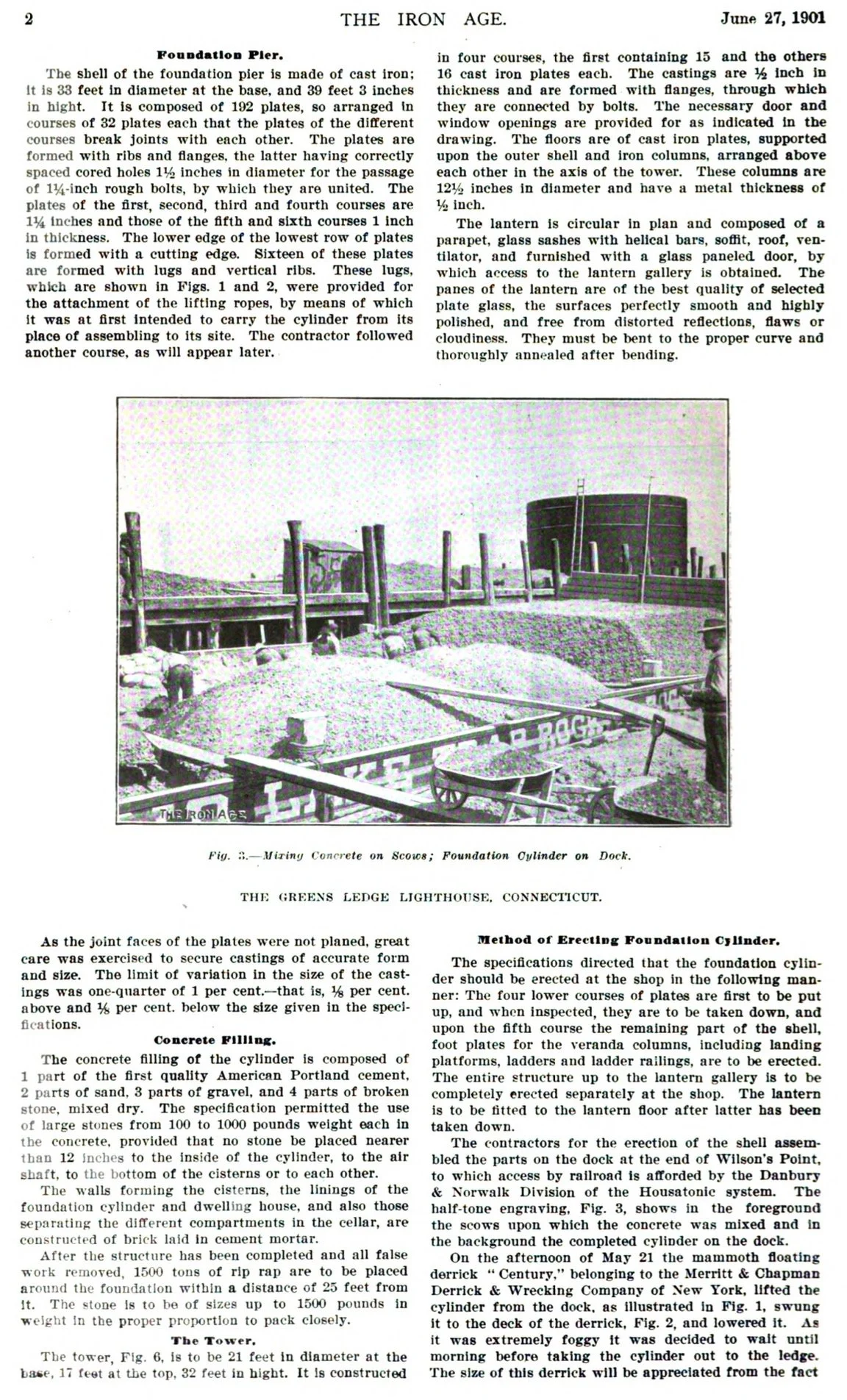 Black and white photograph of a construction site at Greens Ledge Lighthouse, Connecticut, showing mixed concrete on scaffolding and foundation cylinders. There are workers in the background, some standing and some working on the structure, with wood