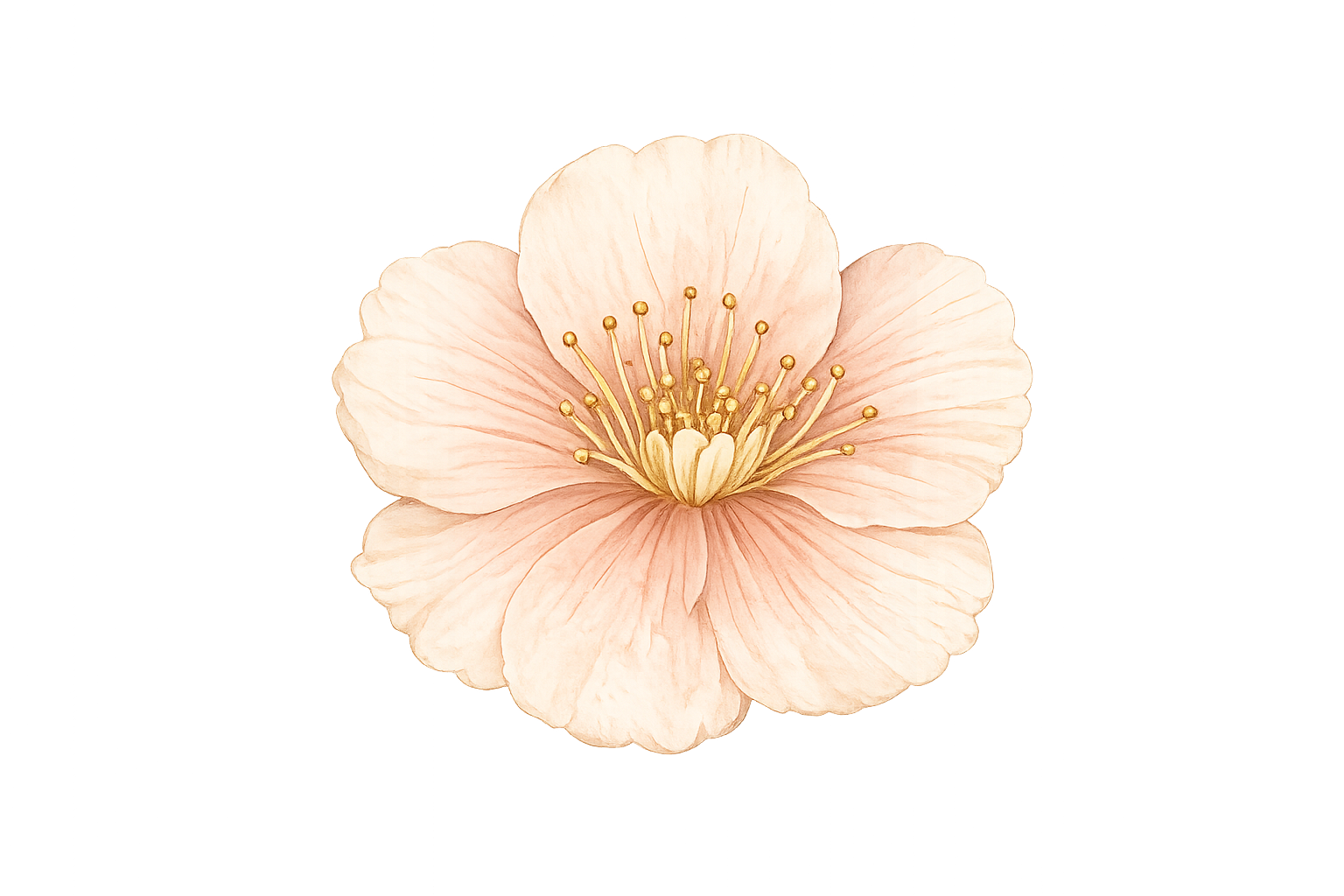 A close-up illustration of a pale pink flower with multiple petals and yellow stamens against a dark background.