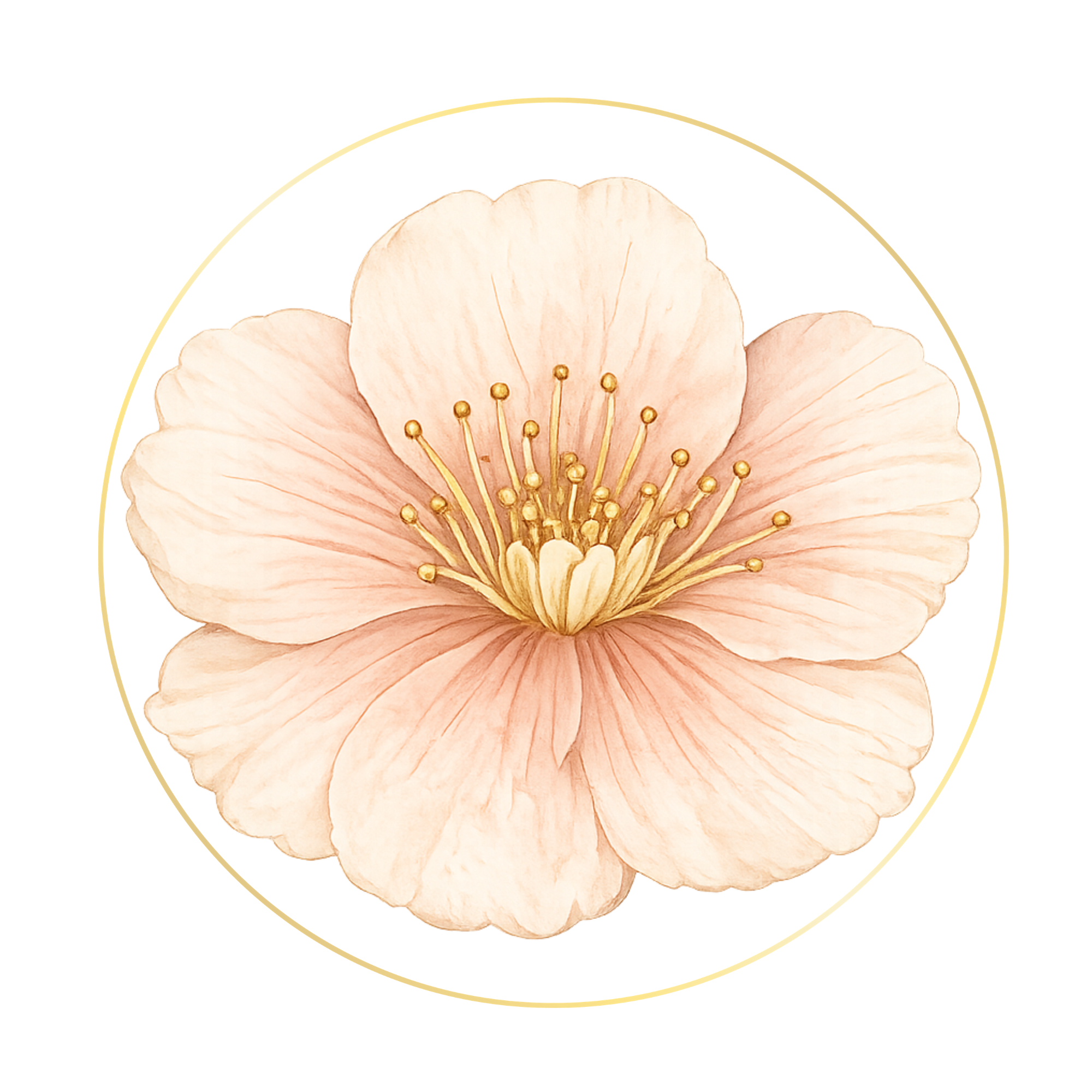 A close-up digital illustration of a peach flower with delicate, light peach petals and yellow stamens.